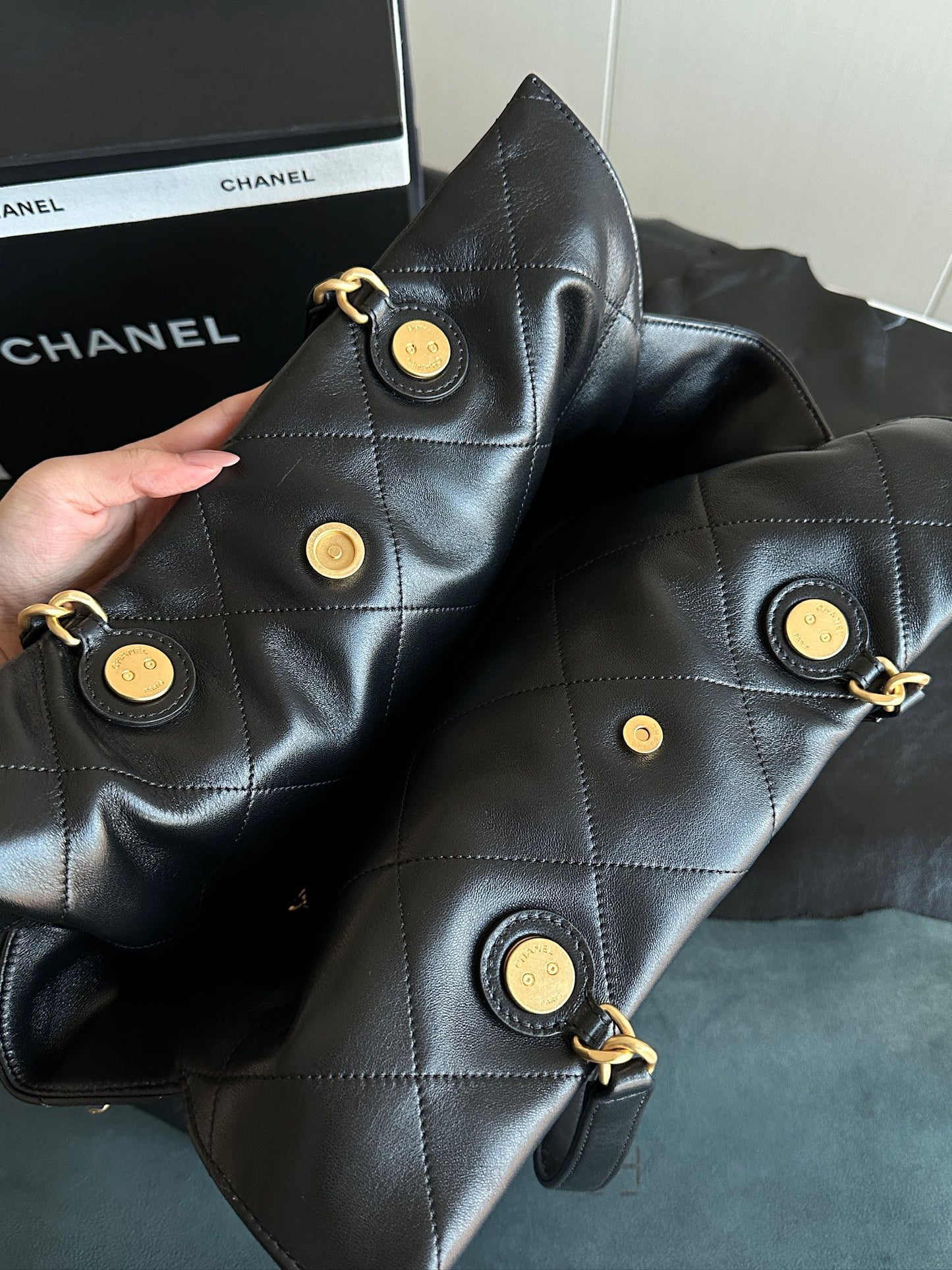 Chanel 25C Black Gold Exclusive Italian Polished Lambskin Tote Bag | Organic Water-Dye Craft + Antique Brass Clasp | 34x36x12cm Nationwide Monopoly