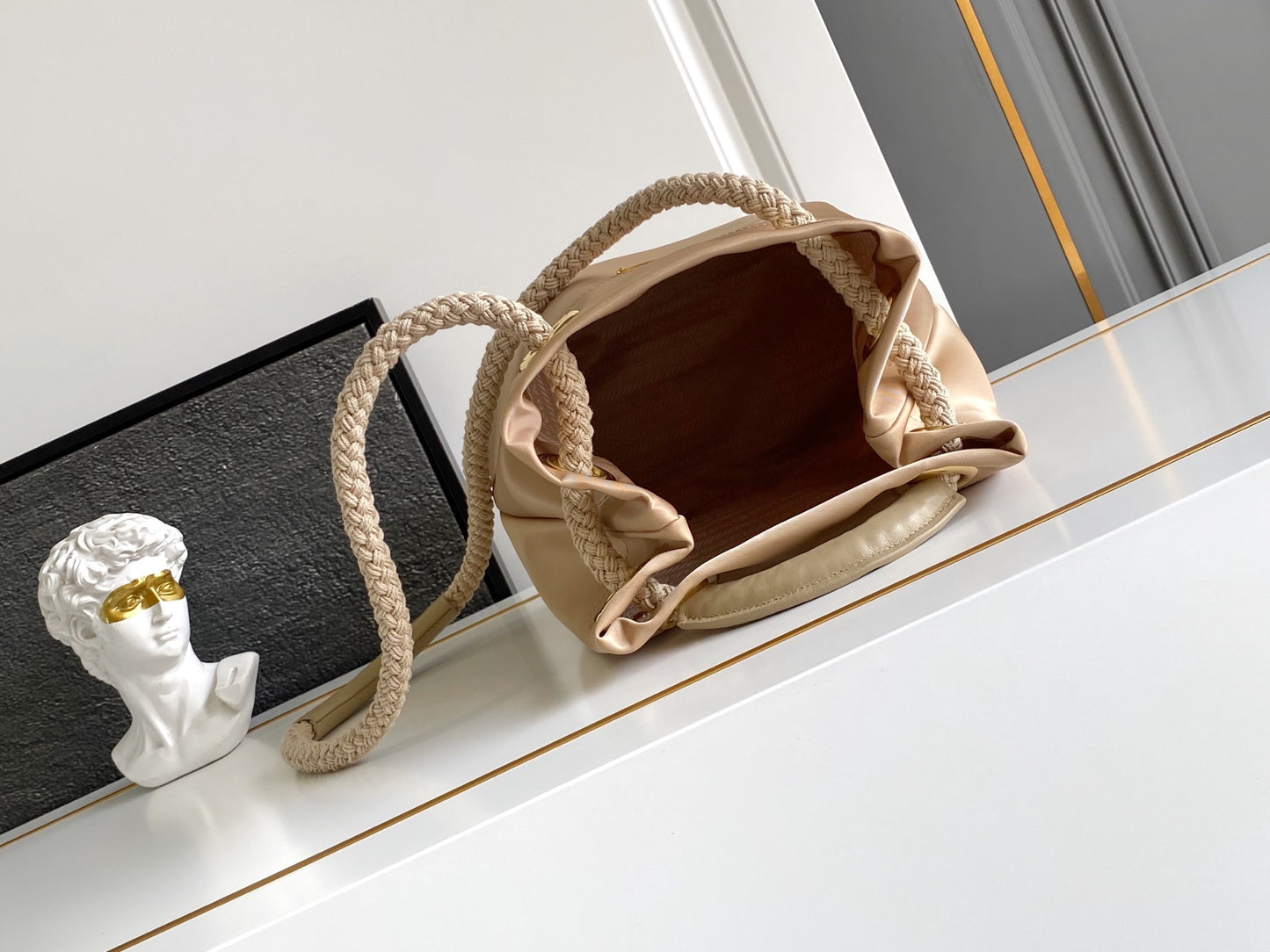 2025 Runway Recycled Nylon Bucket Bag 23.5x28x16.5cm - Slide Rope Handle & Enamel Triangle | Tote to Shoulder Convertible