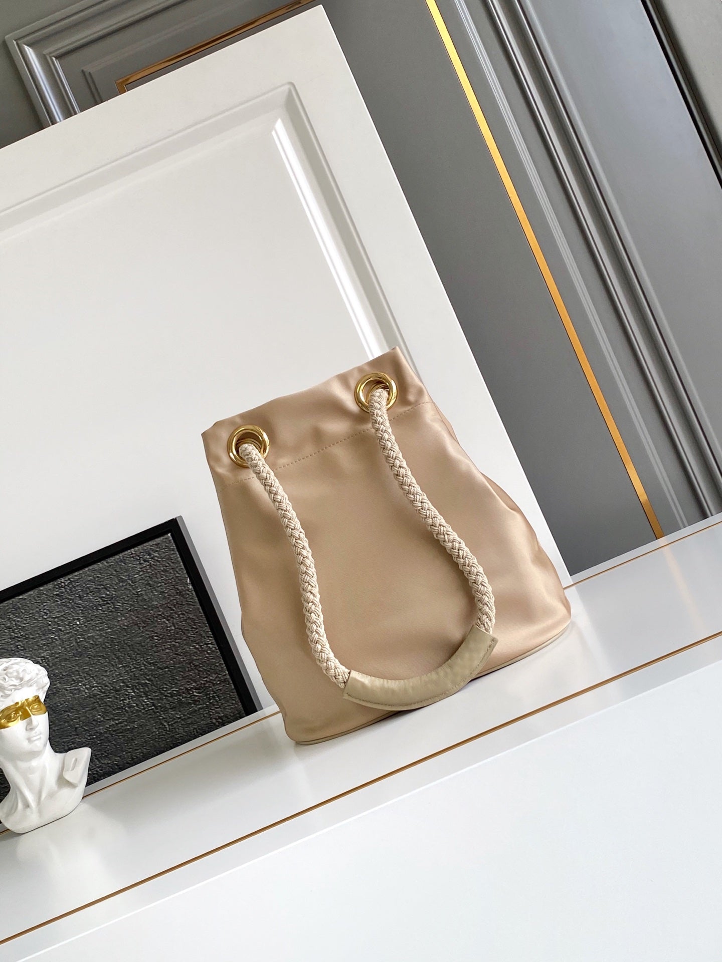 2025 Runway Recycled Nylon Bucket Bag 23.5x28x16.5cm - Slide Rope Handle & Enamel Triangle | Tote to Shoulder Convertible
