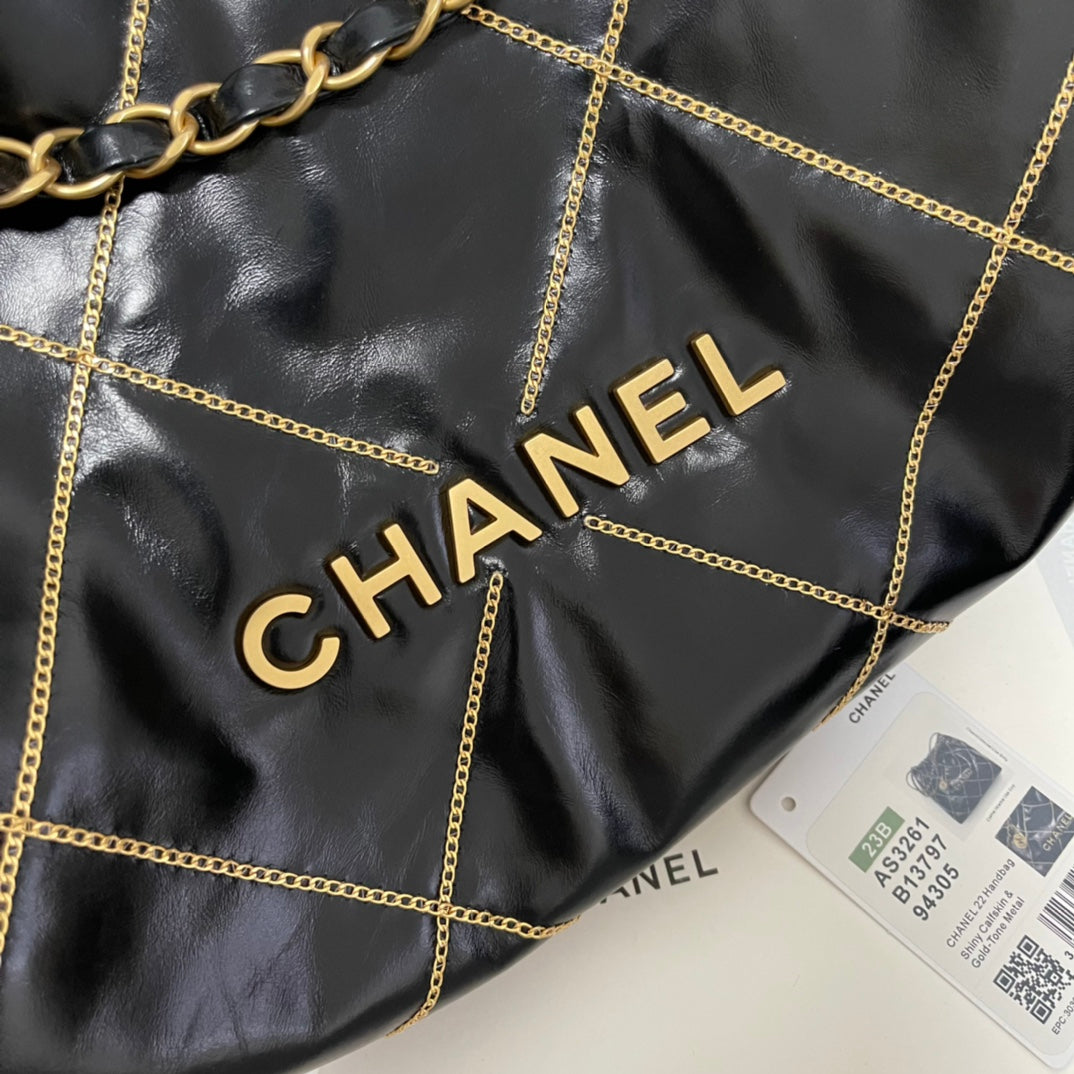 Chanel 22 Bag "Trash Bag" Black & Gold | Vintage Coin Detailing & Magnetic Closure | Unisex Calfskin Luxury Tote