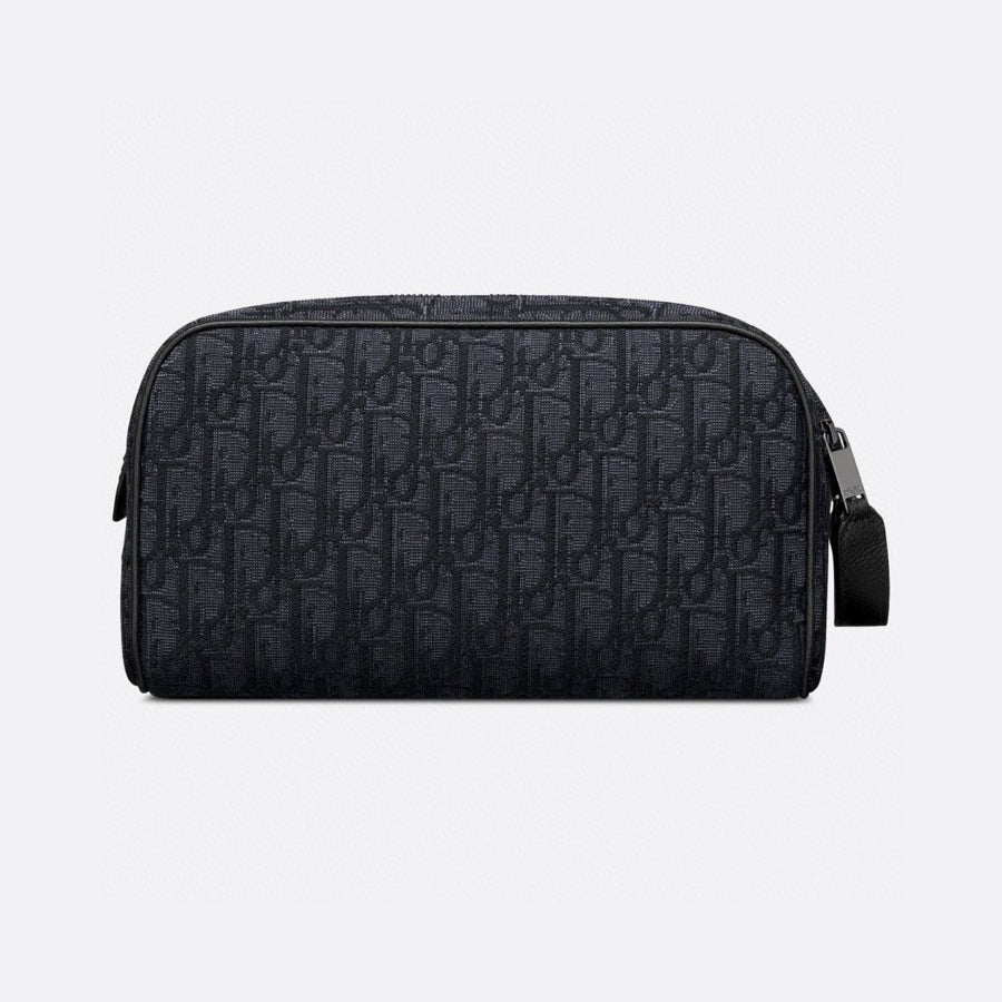 DIOR Gray C.D Diamond Canvas Toiletry Pouch with Leather Trim | Travel Organizer