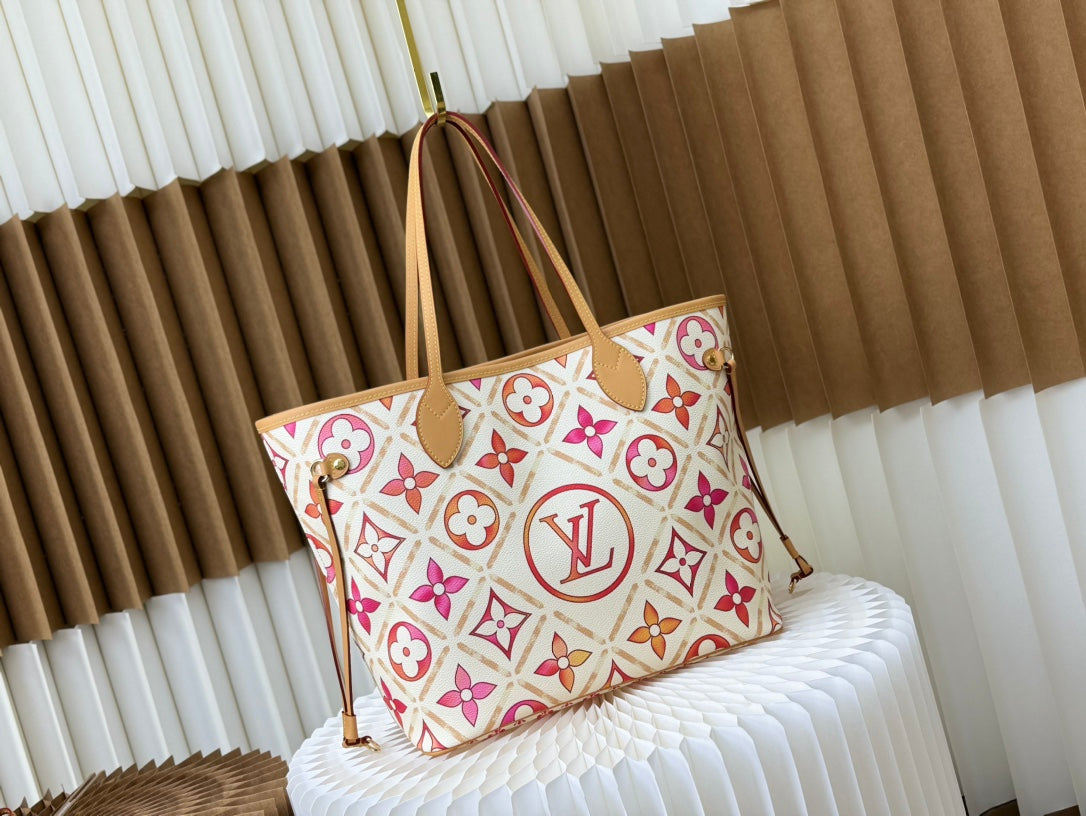 2024 SS Watercolor Tote Medium Bag | Monogram-Inspired Canvas | Detachable Pouch | Spacious Work & Travel
