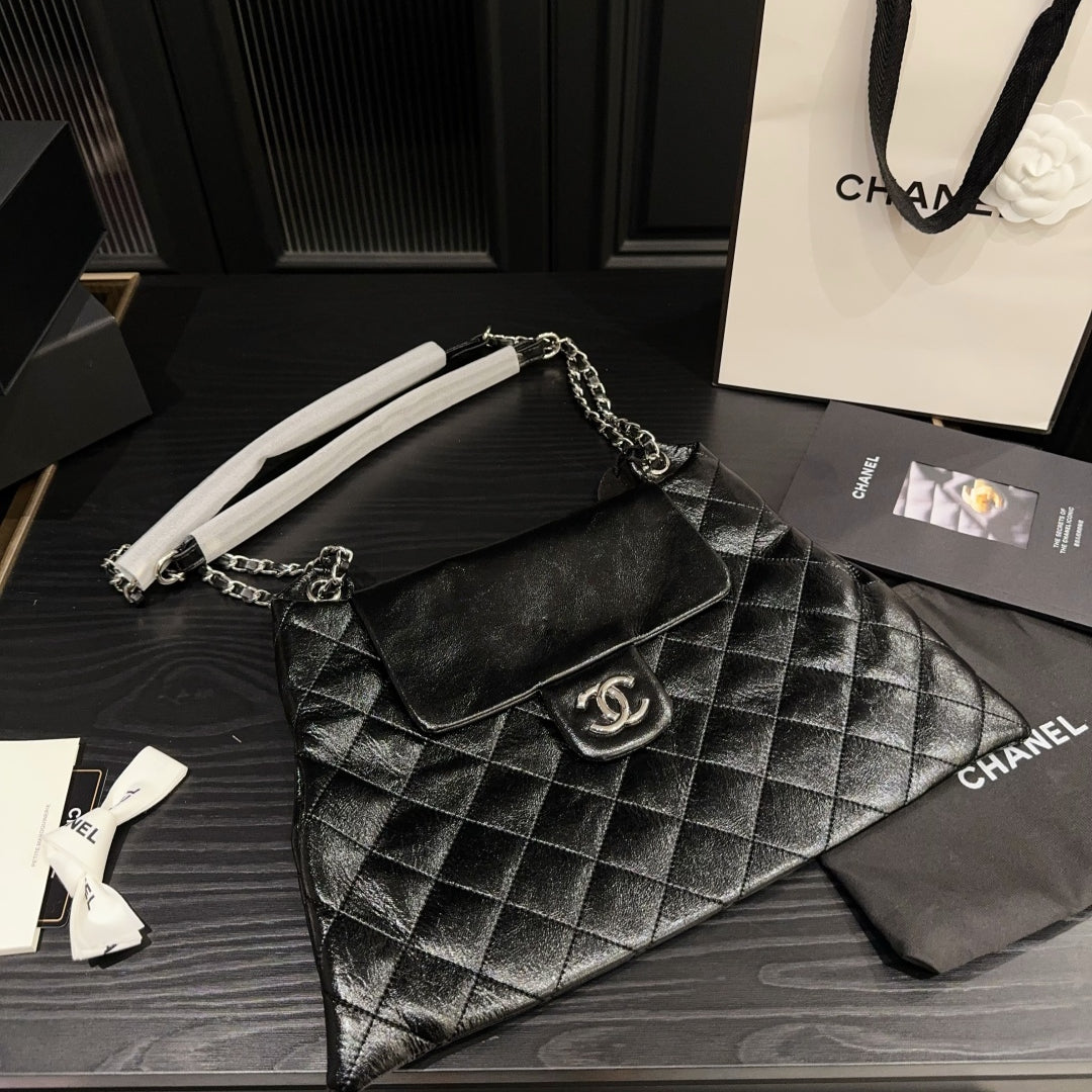 Chanel Quilted Chain Gabrielle Hobo Bag | P190 Waxed Leather + Antique Chains | Original Box Included | 38x24cm Timeless Luxury