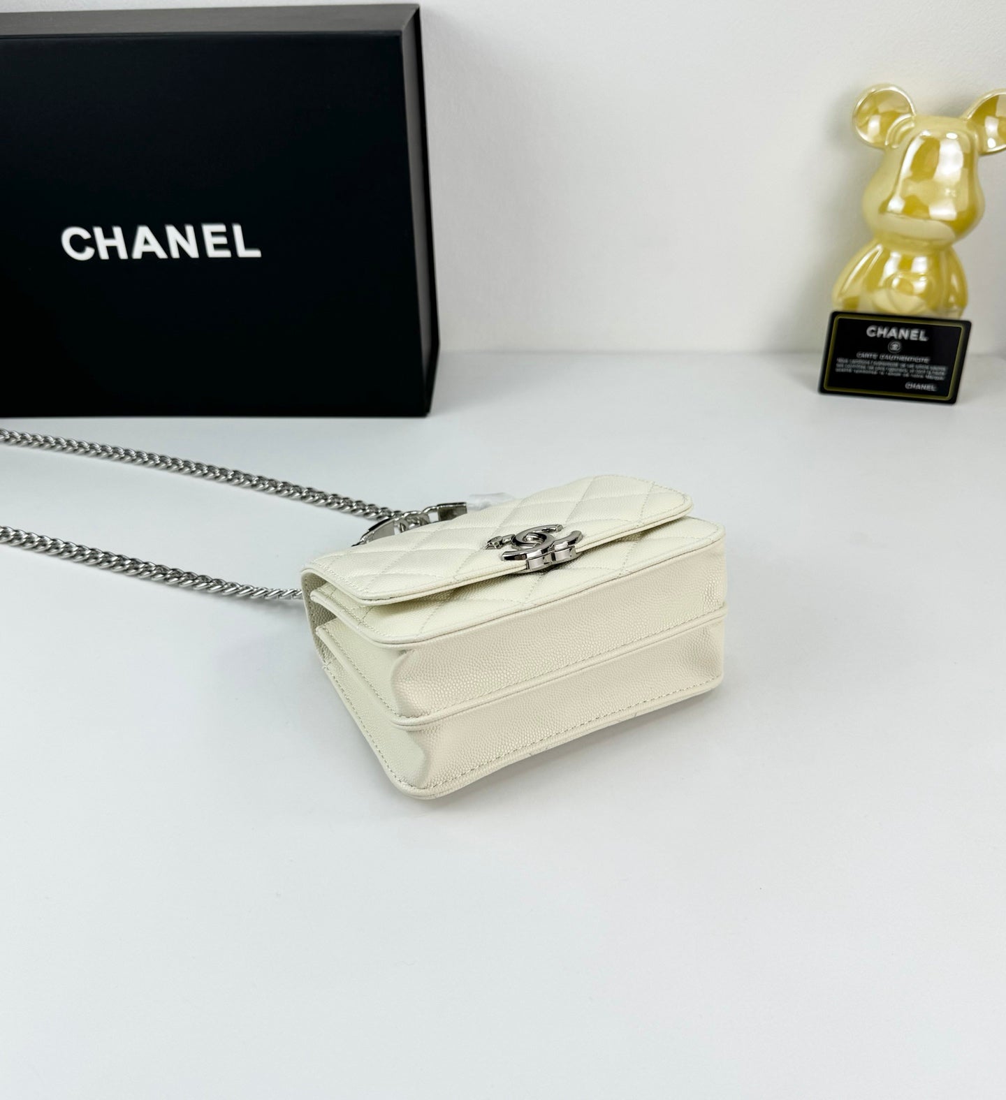 Chanel 22S White Enamel Handle Bag | Mini Sweet & Chic Crossbody | Detachable Woven Strap & Silver Logo