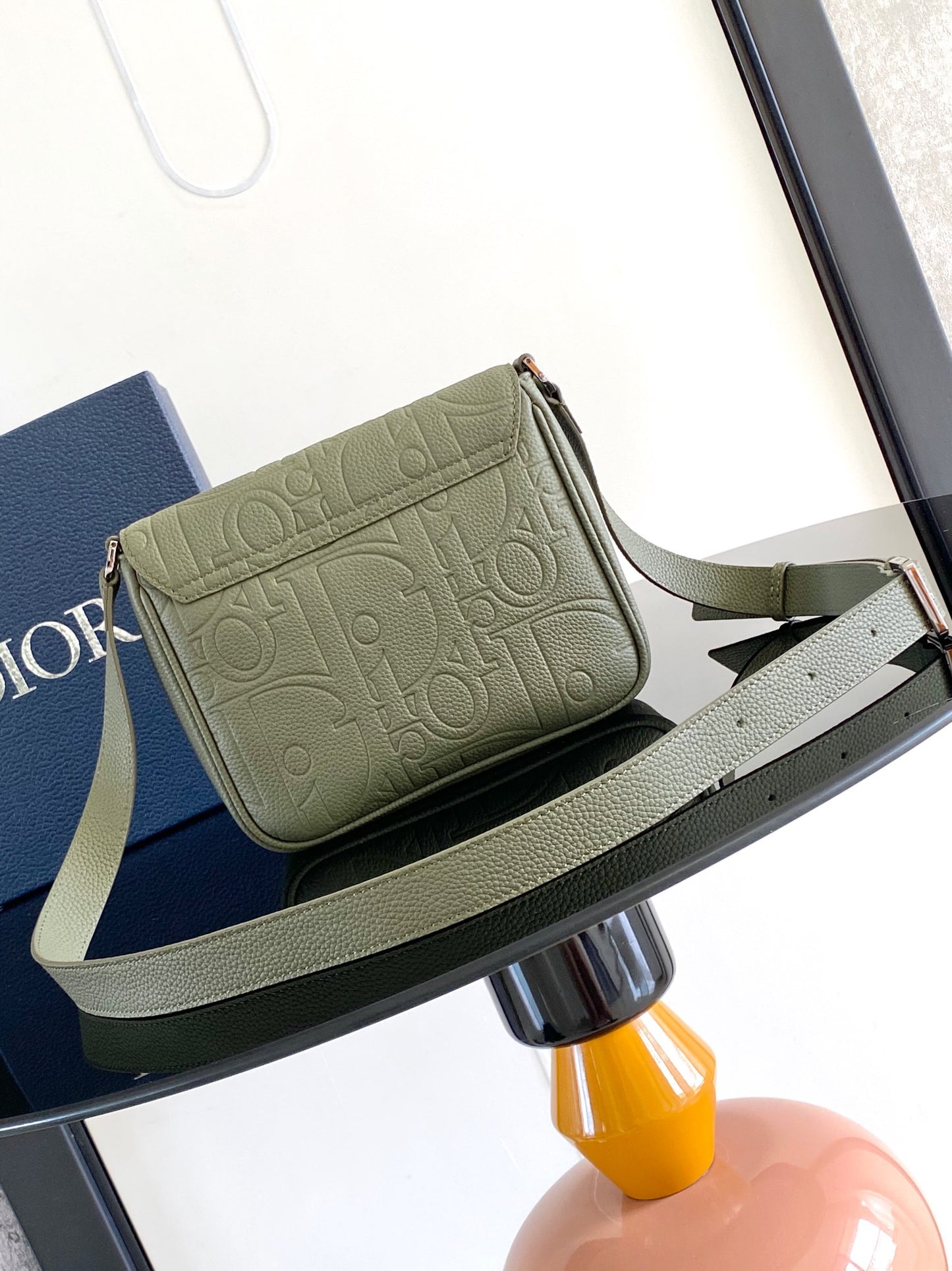 2024 Autumn Messenger Bag - Khaki Embossed Leather with Magnetic Flap (Made in Italy)