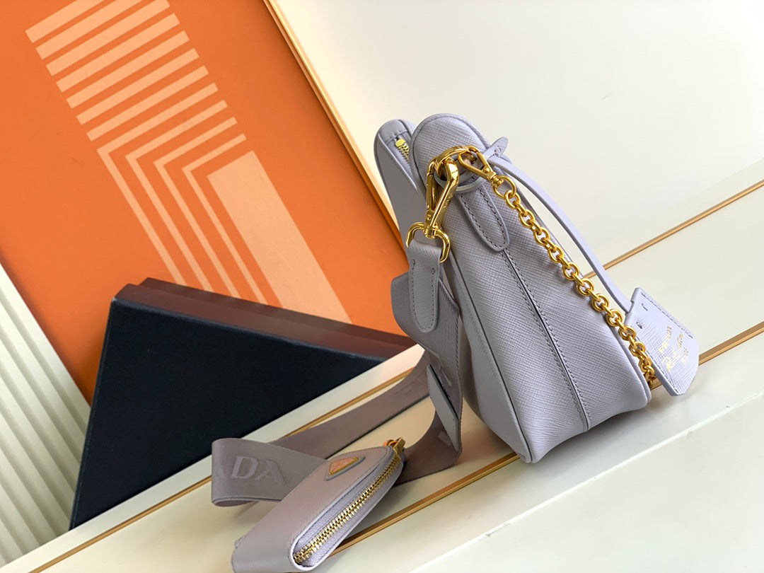 2025 Upgraded Saffiano Hobo Bag 22x18x6.5cm - Detachable 3-Piece Set (Strap+Chain+Pouch) with Keyring & Enamel Triangle