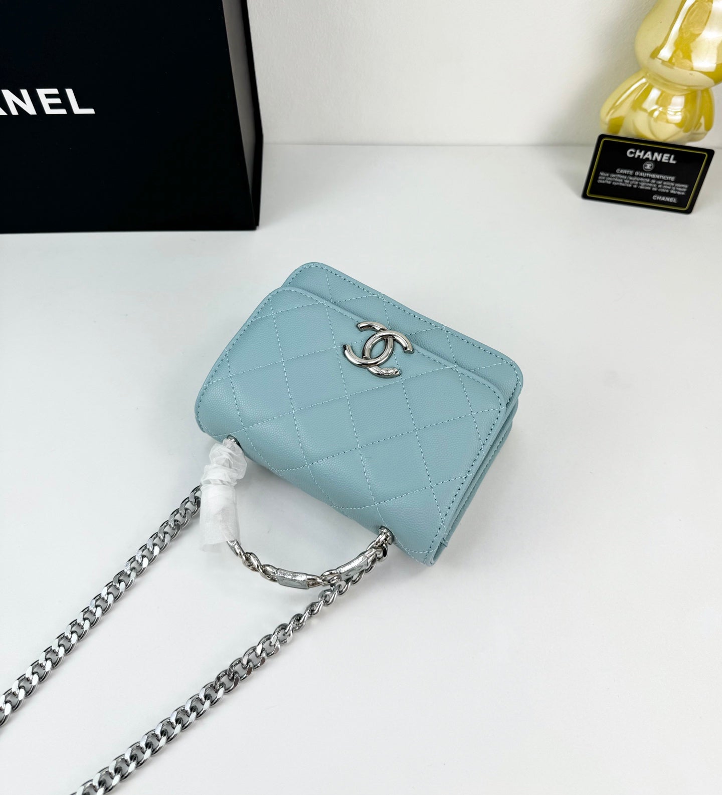 Chanel 22S White Enamel Handle Bag | Mini Sweet & Chic Crossbody | Detachable Woven Strap & Silver Logo