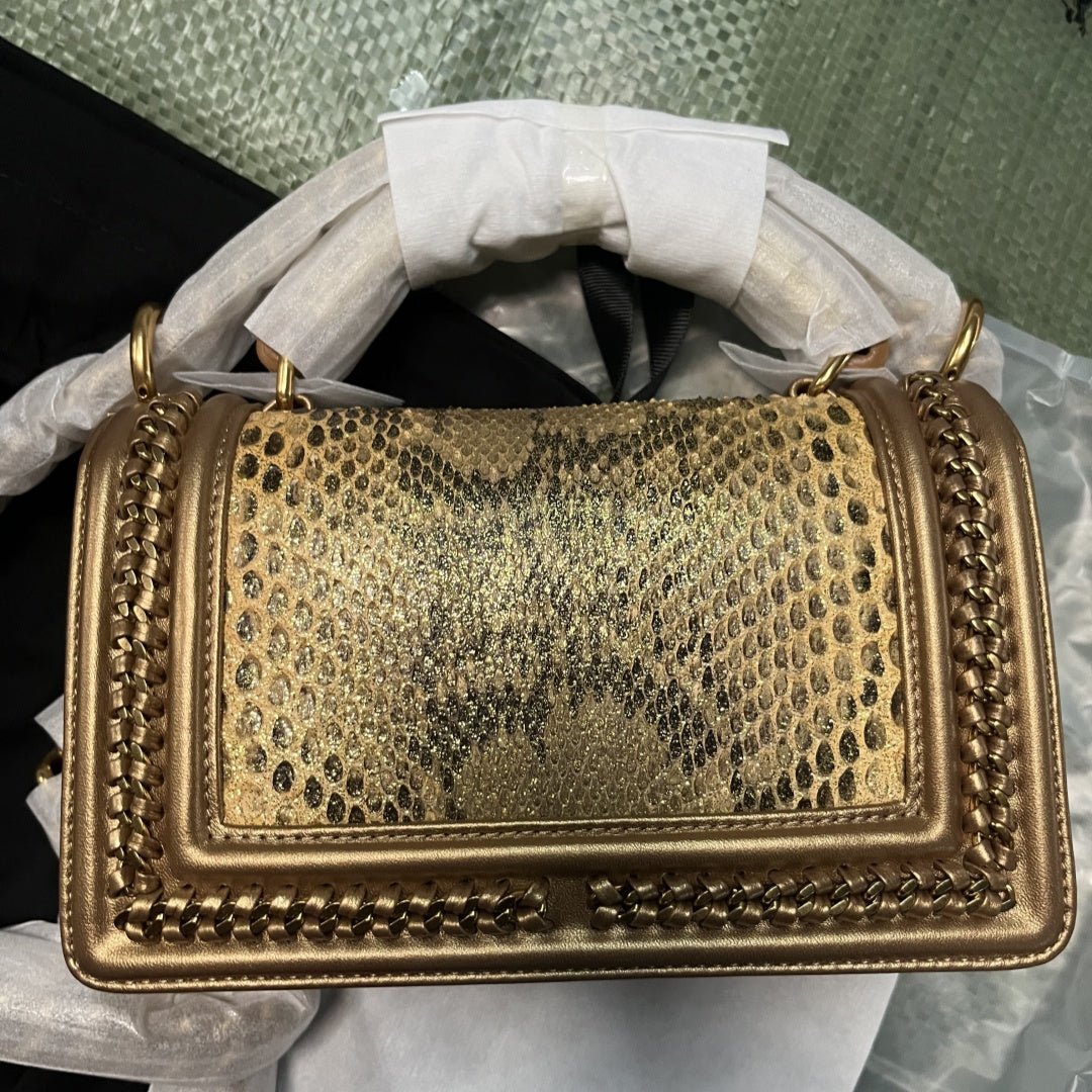 Chanel Metallic Gold Python & Bronze Lambskin Boy Small Flap Bag | 9.8" Exotic Python Crossbody Bag with 18K Gold Hardware | Celebrity-Inspired Luxury