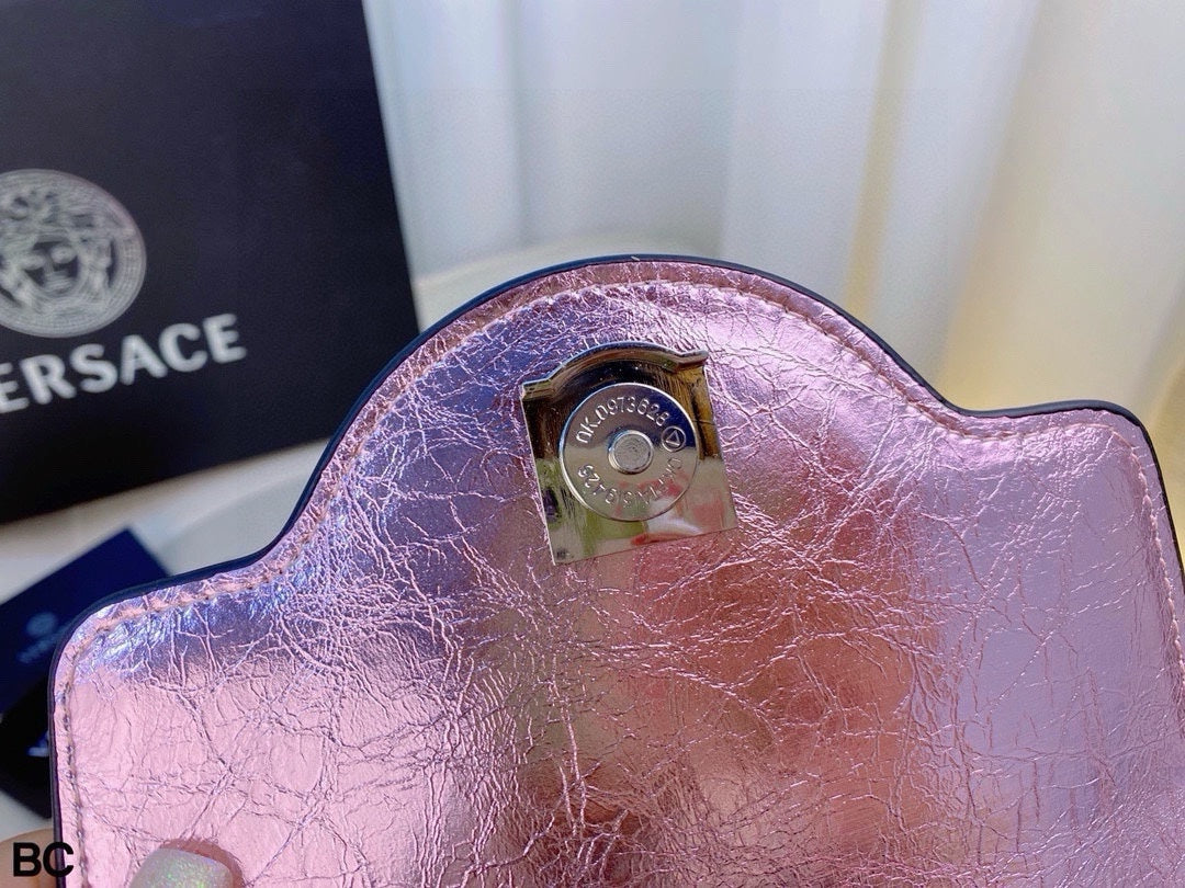 Versace La Medusa Metallic Pink Top Handle Bag – Medusa Head & Chunky Chain Design (21x17cm) | Luxury Shimmer Tote