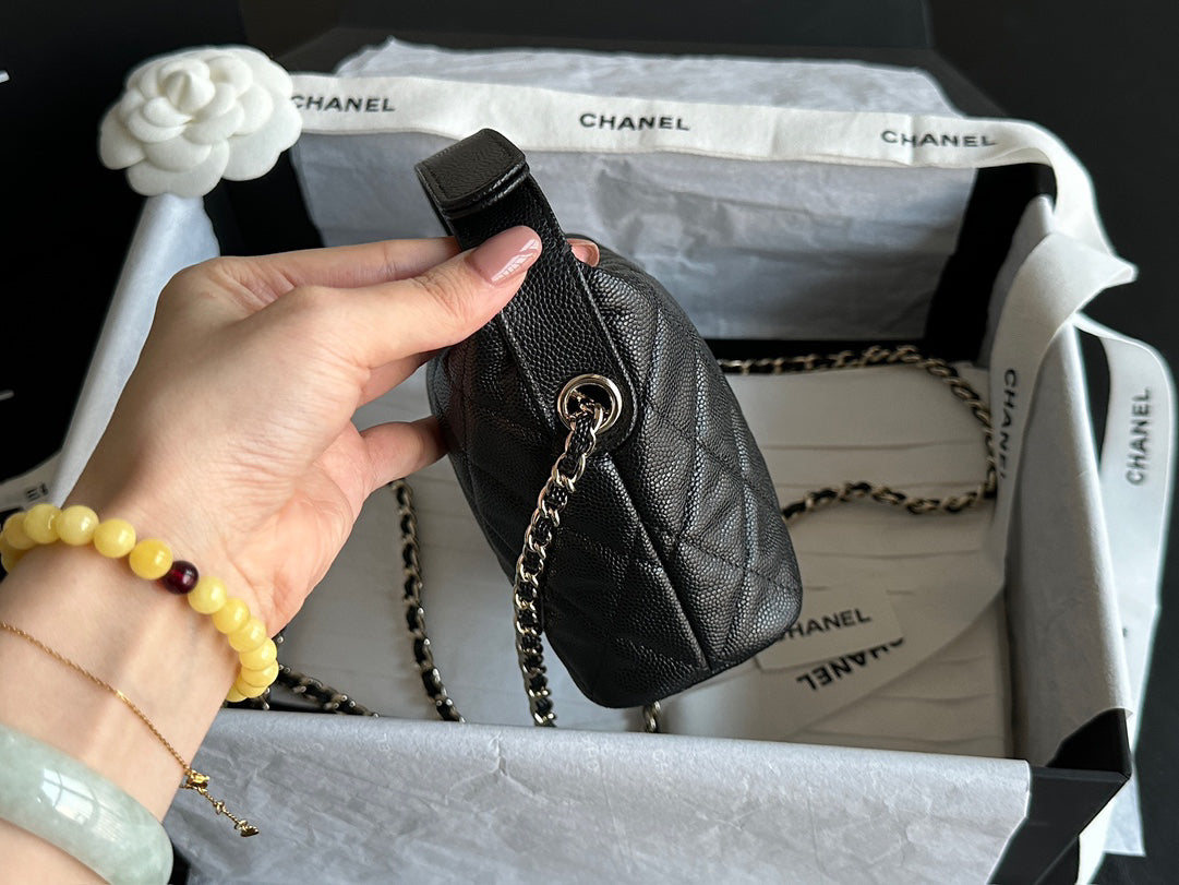 Chanel 25C Black Gold HAAS Caviar Calfskin Lunch Box Bag | Original Mid-Grain Embossed Texture + Champagne Gold Steel Clasp | 21.5x19x6cm Exclusive