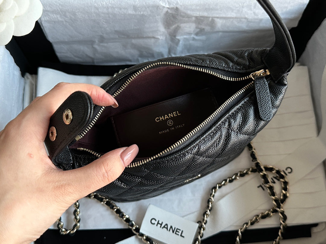 Chanel 25C Black Gold HAAS Caviar Calfskin Lunch Box Bag | Original Mid-Grain Embossed Texture + Champagne Gold Steel Clasp | 21.5x19x6cm Exclusive