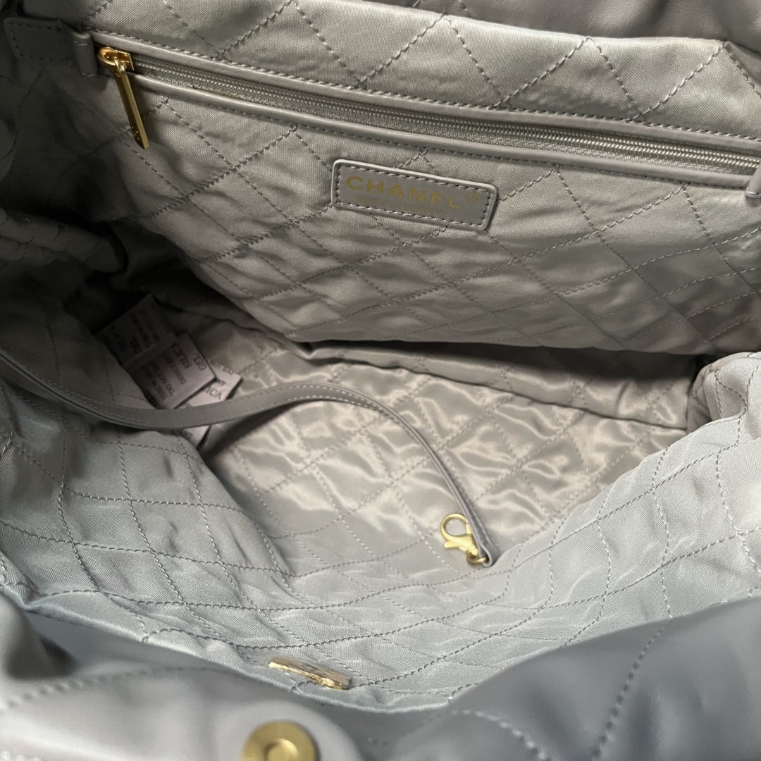 Chanel 22 Bag Light Grey Calfskin Leather Large Capacity Shoulder Handbag with Gold Hardware | Women’s Luxury Tote Bag