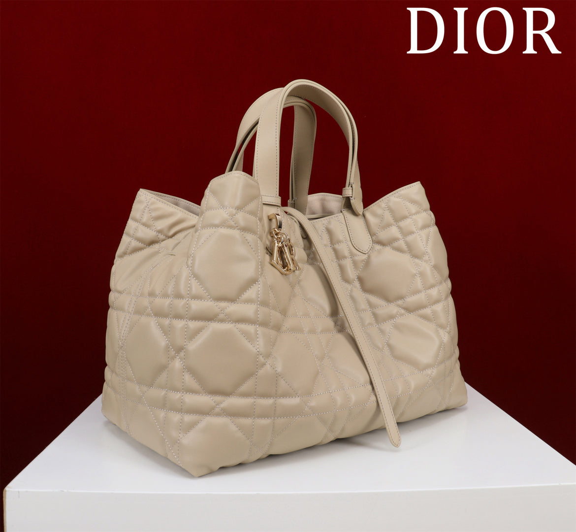 Beige Calfskin Tote Bag|Drawstring Closure & Detachable Pouch|Adjustable Leather Handles|Medium 28.5×21.5×19cm