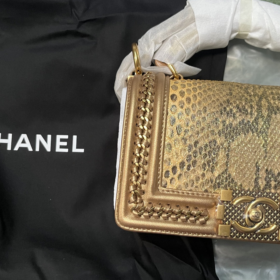 Chanel Metallic Gold Python & Bronze Lambskin Boy Small Flap Bag | 9.8" Exotic Python Crossbody Bag with 18K Gold Hardware | Celebrity-Inspired Luxury