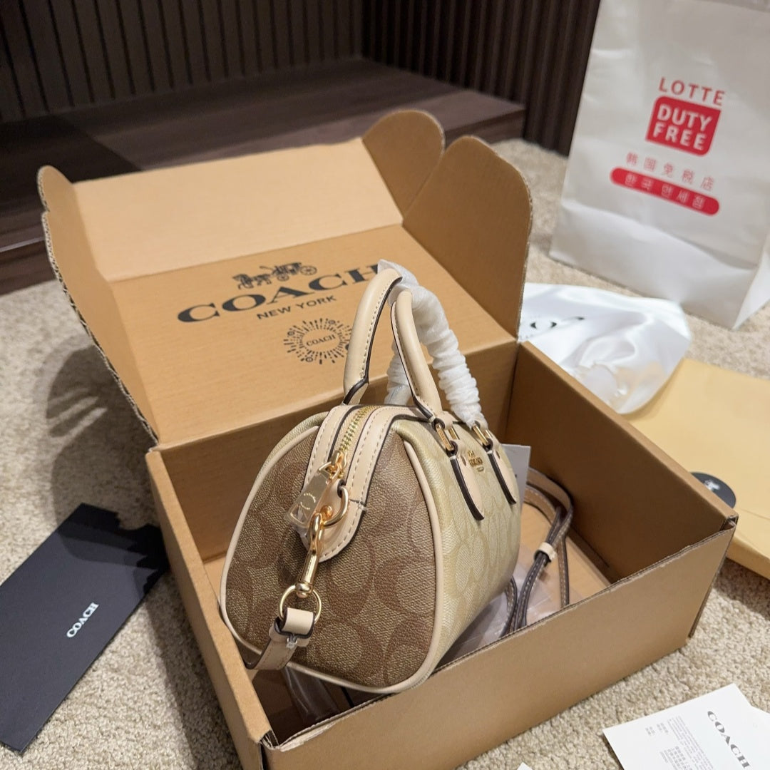 Coach New Mini Rowan Satchel - Blocked Signature Canvas Boston Pillow Bag (7"L x 4.75"H x 4"W) | Cute & Spacious Retro Y2K Crossbody for Sweet Edgy Girls