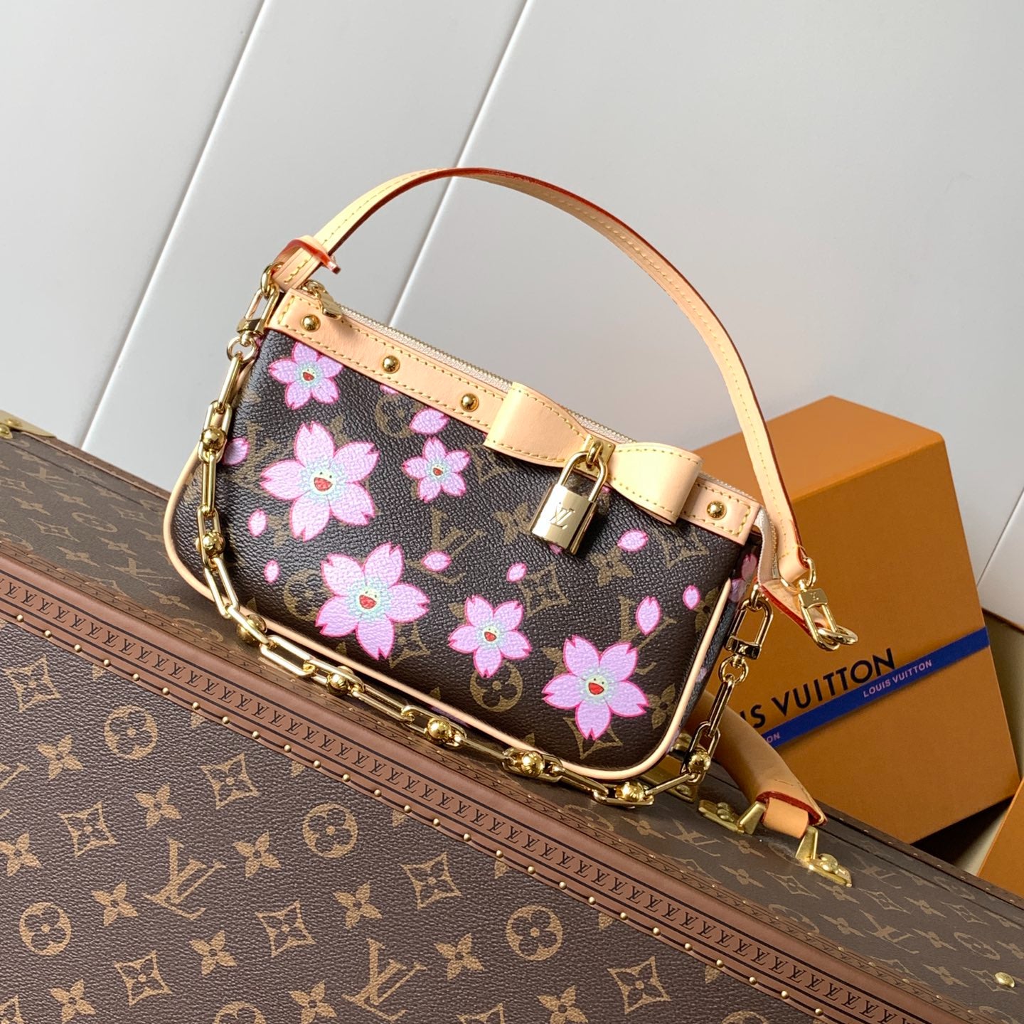 Louis Vuitton x Takashi Murakami Monogram Cherry Blossom Pochette Accessoires Bag with Detachable Chain & Leather Bow