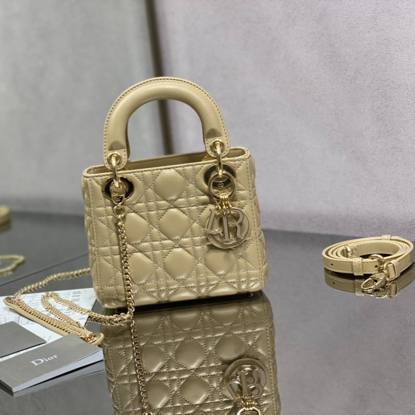 DIOR LADY Mini Cannage Patent Calfskin Bag | Blush Pink Gold Hardware | Detachable Chain Strap | Model D6603 | Includes Original Box