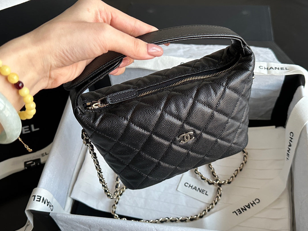 Chanel 25C Black Gold HAAS Caviar Calfskin Lunch Box Bag | Original Mid-Grain Embossed Texture + Champagne Gold Steel Clasp | 21.5x19x6cm Exclusive