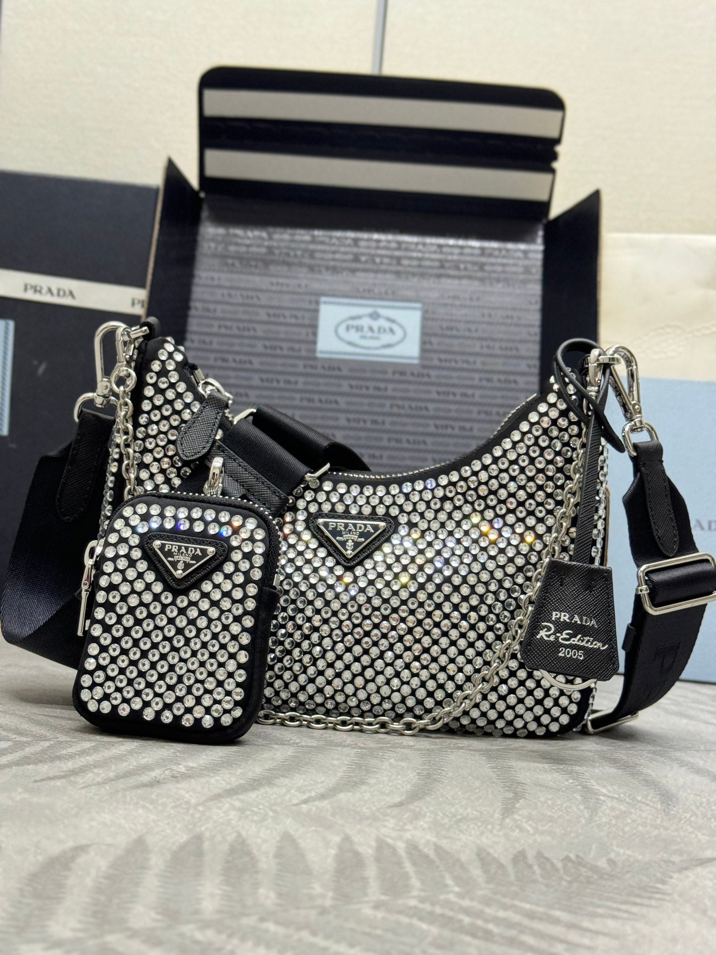 💎 Crystal Mesh 3-in-1 Bag|22×16×6cm Bling Chain Purse w/ Detachable Pouch