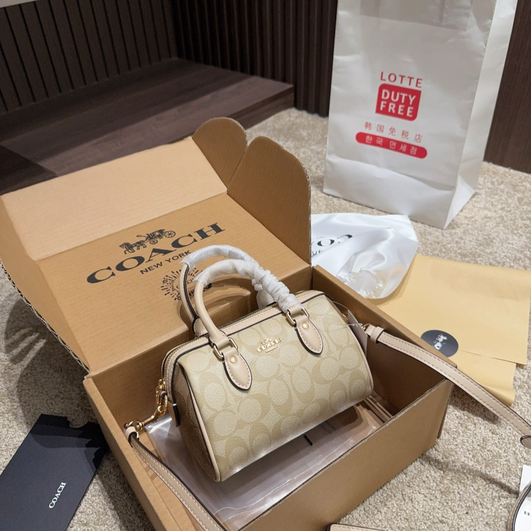 Coach New Mini Rowan Satchel - Blocked Signature Canvas Boston Pillow Bag (7"L x 4.75"H x 4"W) | Cute & Spacious Retro Y2K Crossbody for Sweet Edgy Girls