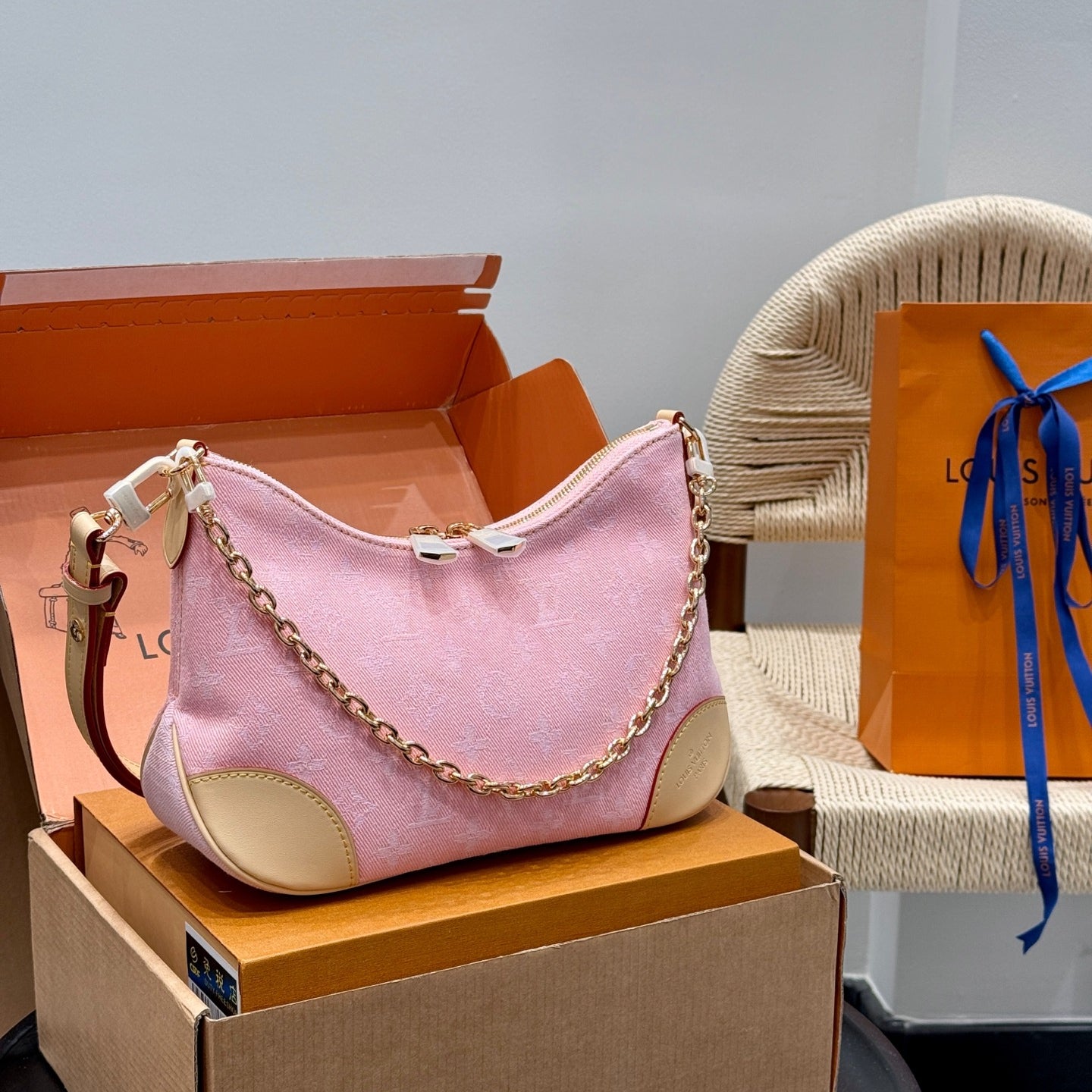 Louis Vuitton Denim Boulogne Bag 2023 | 163c Dynamic Chip, Steel Chain Strap, Full Gift Box Packaging