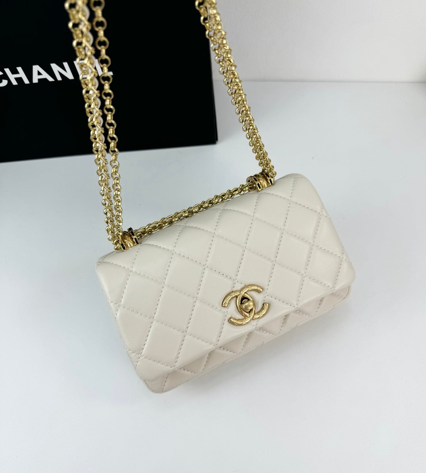 Chanel 24A Black Gold Tassel Chain Flap Bag|Double Gold Bead Design|18cm Timeless Classic Handbag
