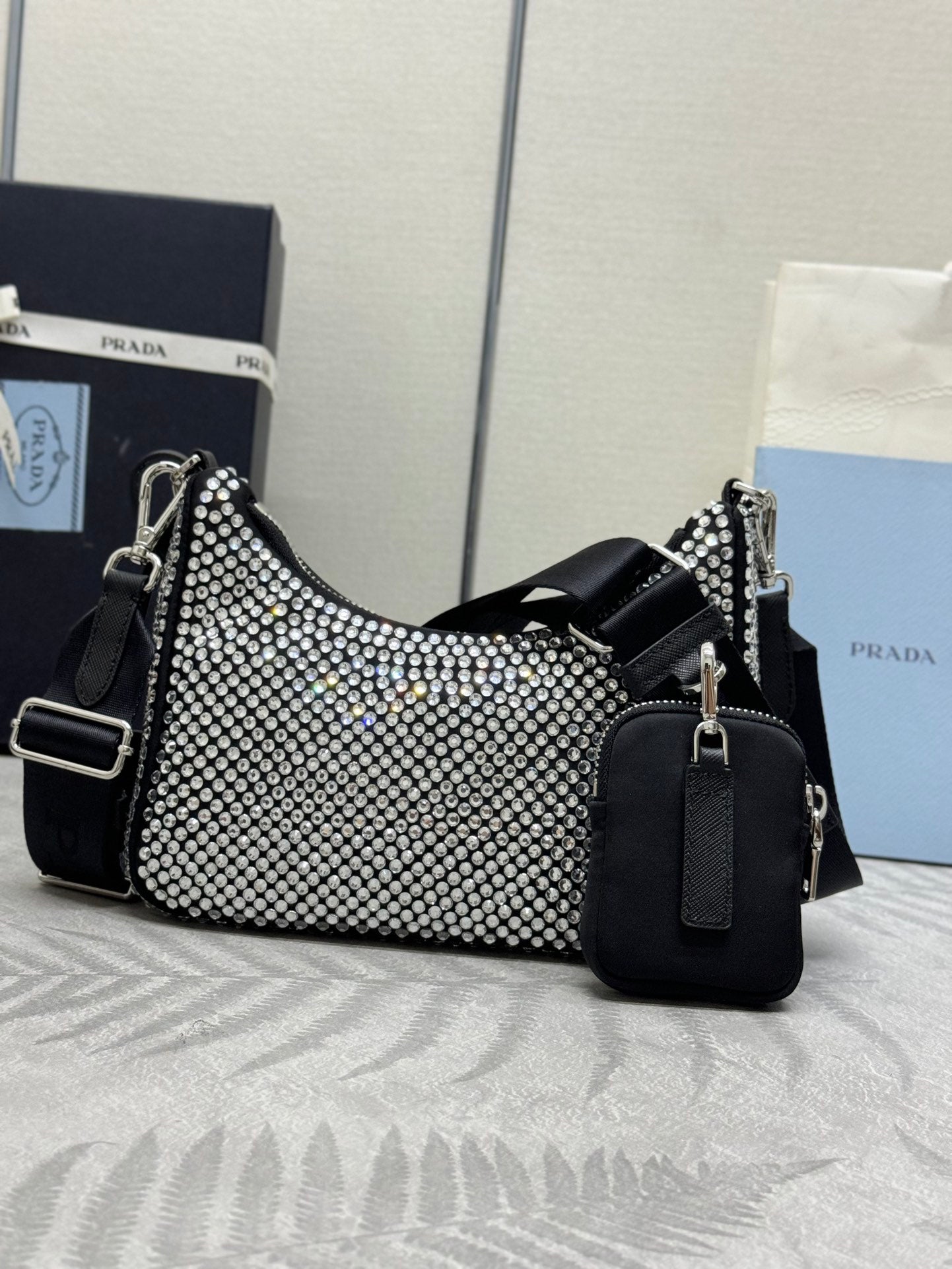💎 Crystal Mesh 3-in-1 Bag|22×16×6cm Bling Chain Purse w/ Detachable Pouch