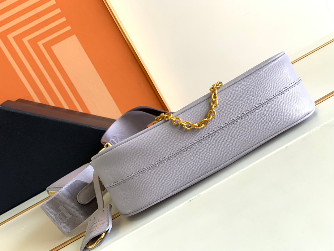 2025 Upgraded Saffiano Hobo Bag 22x18x6.5cm - Detachable 3-Piece Set (Strap+Chain+Pouch) with Keyring & Enamel Triangle