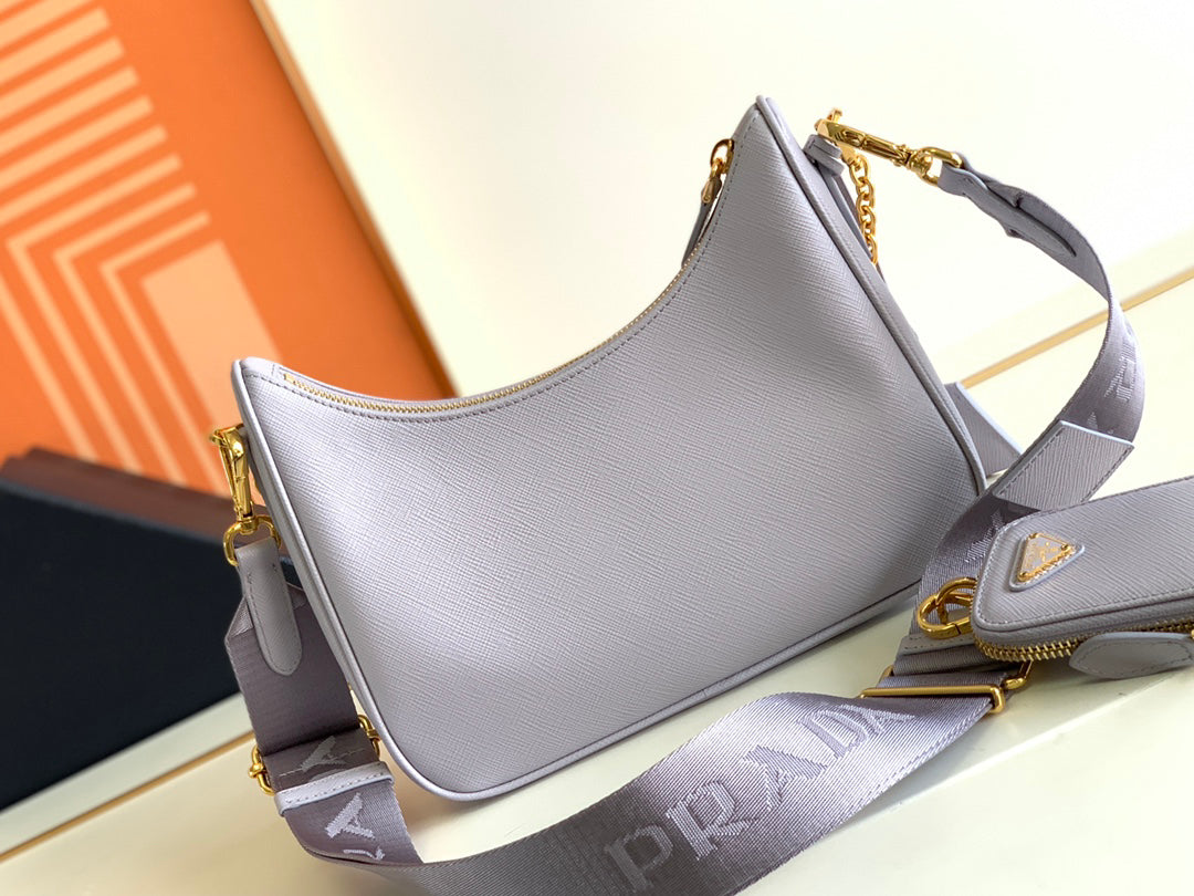 2025 Upgraded Saffiano Hobo Bag 22x18x6.5cm - Detachable 3-Piece Set (Strap+Chain+Pouch) with Keyring & Enamel Triangle