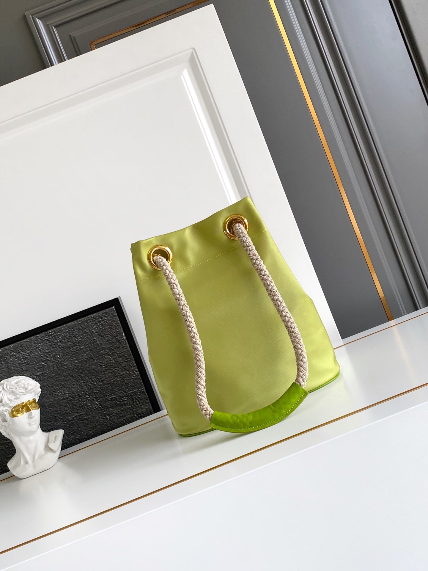 2025 Runway Recycled Nylon Bucket Bag 23.5x28x16.5cm - Slide Knot Handle & Enamel Triangle | Shoulder/Tote Convertible