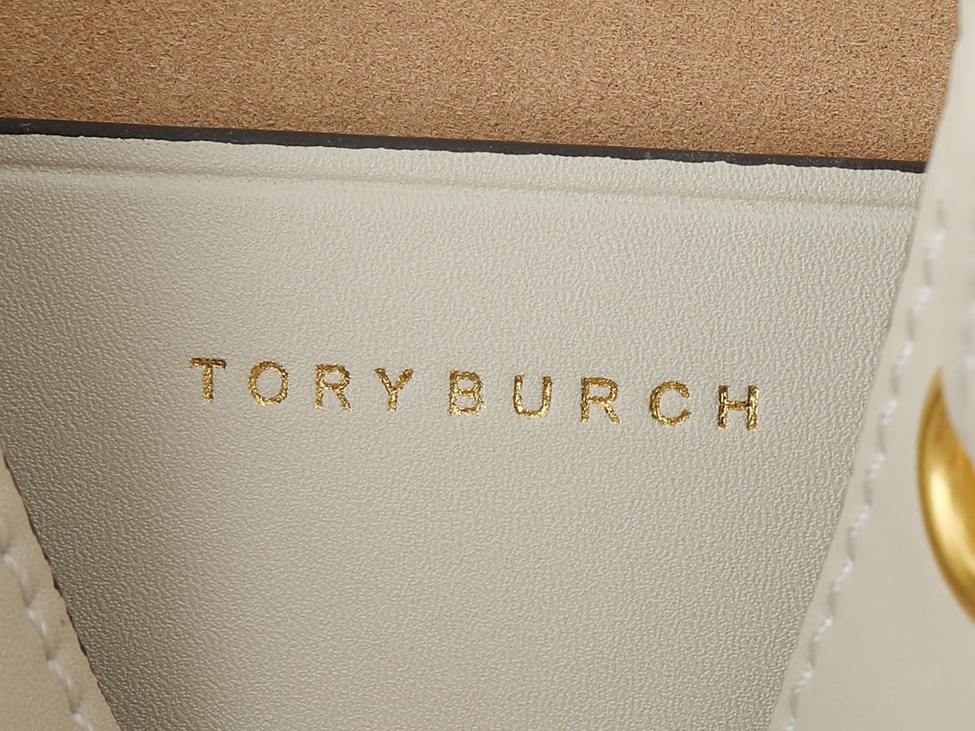 TORY BURCH Monogram 2021 Summer Navy Blue Canvas Drawstring Bucket Bag Retro Jacquette Trim Casual Chic Design (21x12x21cm)