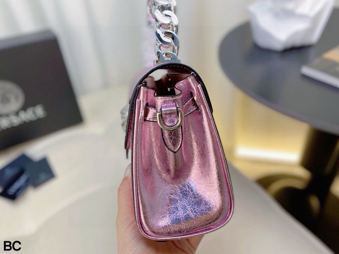 Versace La Medusa Metallic Pink Top Handle Bag – Medusa Head & Chunky Chain Design (21x17cm) | Luxury Shimmer Tote