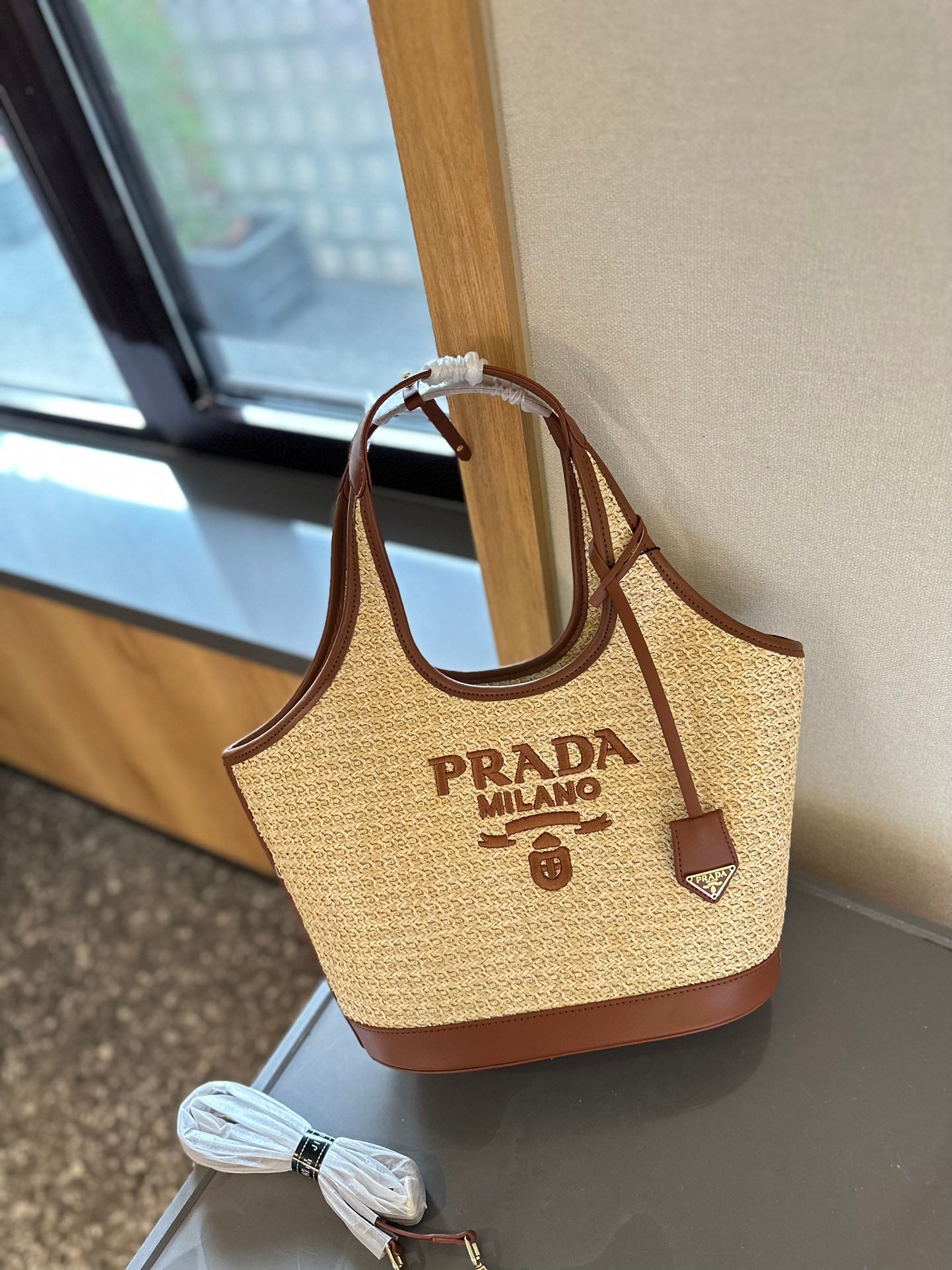 Prada Raffia Bucket Shoulder Bag Summer Woven Straw Tote 28x13x22cm Beach Vacation Essentials PRADA MILANO
