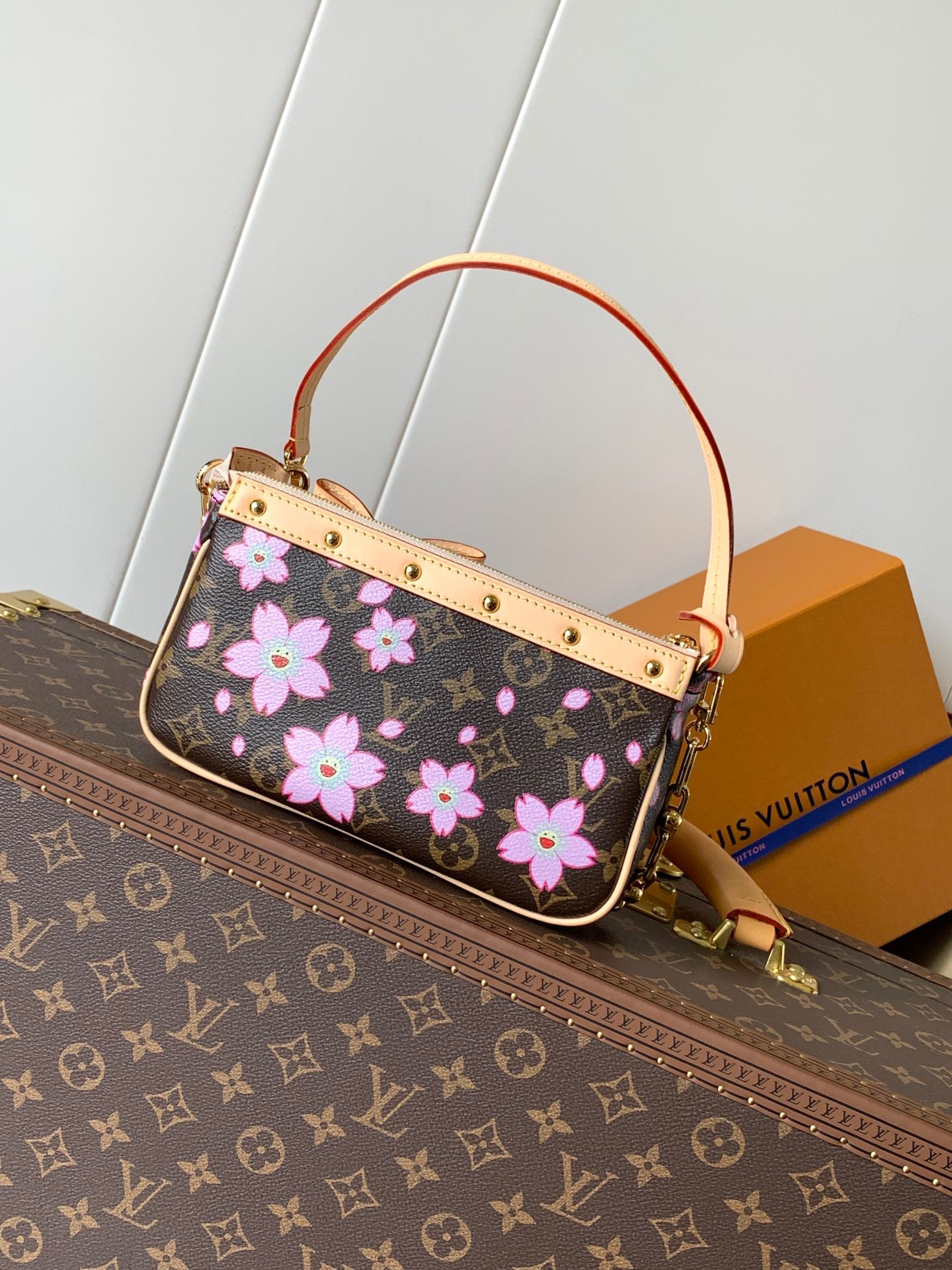 Louis Vuitton x Takashi Murakami Monogram Cherry Blossom Pochette Accessoires Bag with Detachable Chain & Leather Bow