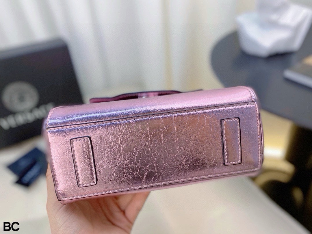 Versace La Medusa Metallic Pink Top Handle Bag – Medusa Head & Chunky Chain Design (21x17cm) | Luxury Shimmer Tote