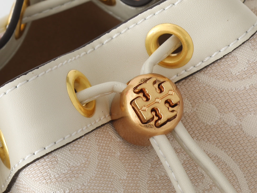 TORY BURCH Monogram 2021 Summer Navy Blue Canvas Drawstring Bucket Bag Retro Jacquette Trim Casual Chic Design (21x12x21cm)