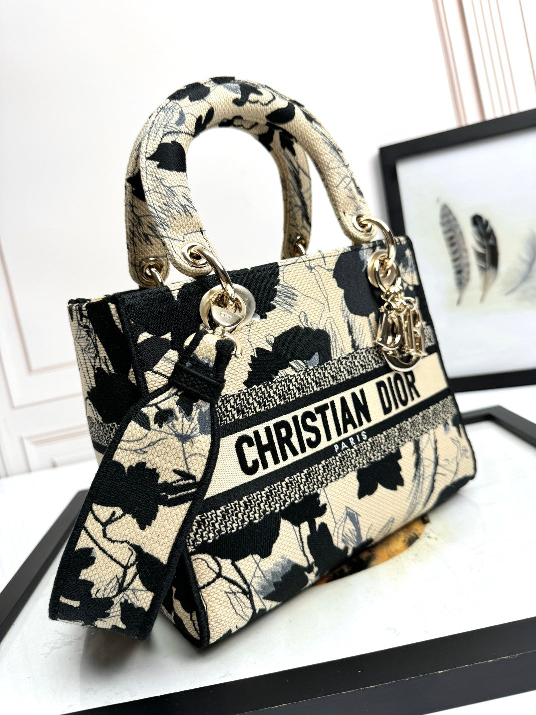 Dior Lady D-LITE Black Peony Embroidery Bag - Pietro Ruffo Collaboration with Detachable Strap & Gold D.I.O.R. Charms (Medium 24cm Artist Limited Edition)