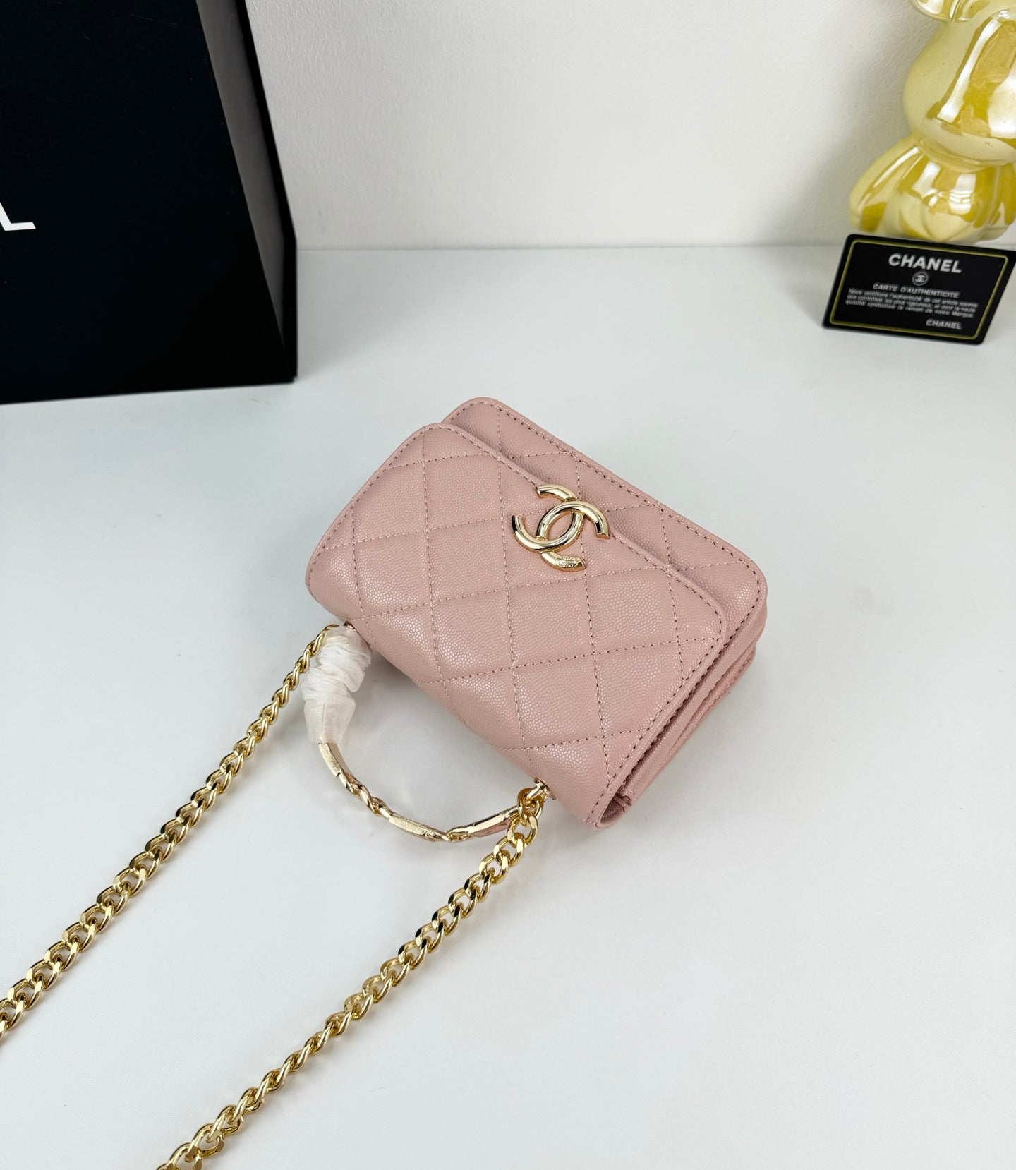 Chanel 22S Blush Pink Enamel Handle Bag | Mini Sweet Crossbody | Gold Logo & Woven Strap