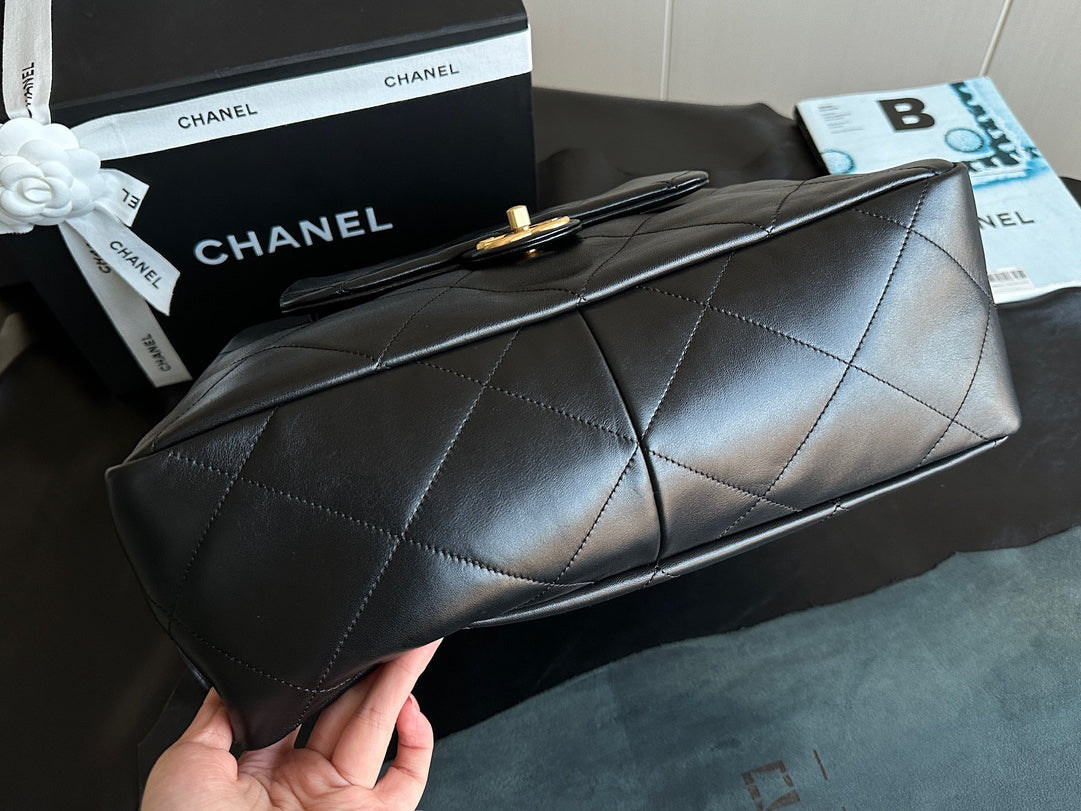 Chanel 25C Black Gold Exclusive Italian Polished Lambskin Tote Bag | Organic Water-Dye Craft + Antique Brass Clasp | 34x36x12cm Nationwide Monopoly