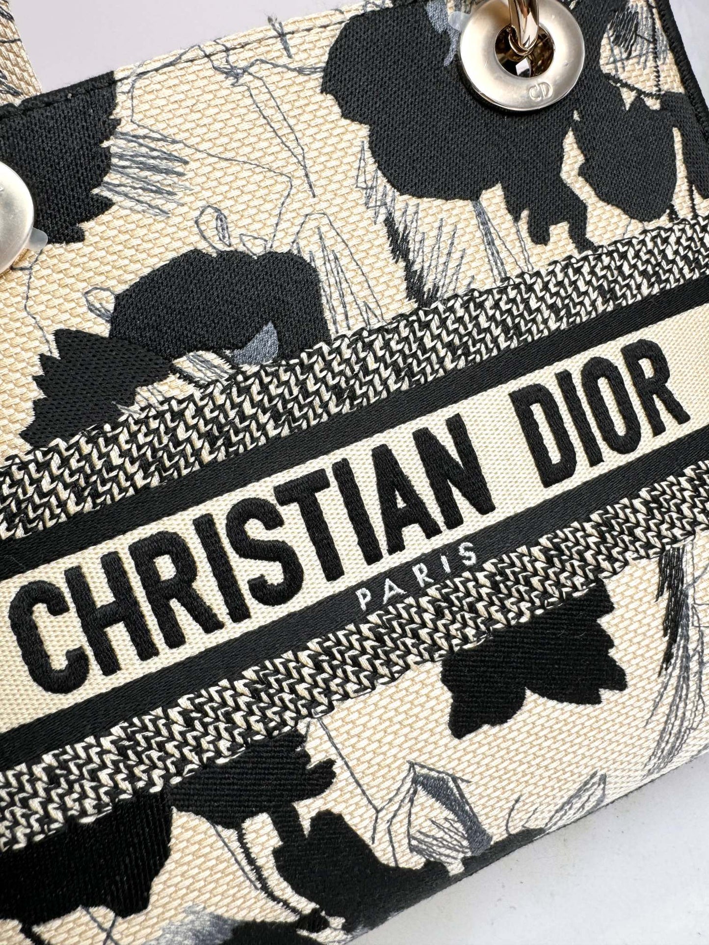 Dior Lady D-LITE Black Peony Embroidery Bag - Pietro Ruffo Collaboration with Detachable Strap & Gold D.I.O.R. Charms (Medium 24cm Artist Limited Edition)