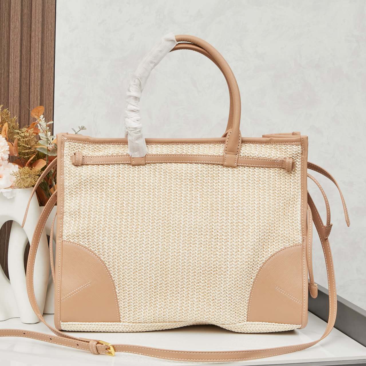 🌴 PRADA Raffia Tote Bag 38x30x12|Waterproof Lining & Detachable Strap|Summer Woven Beach Bag