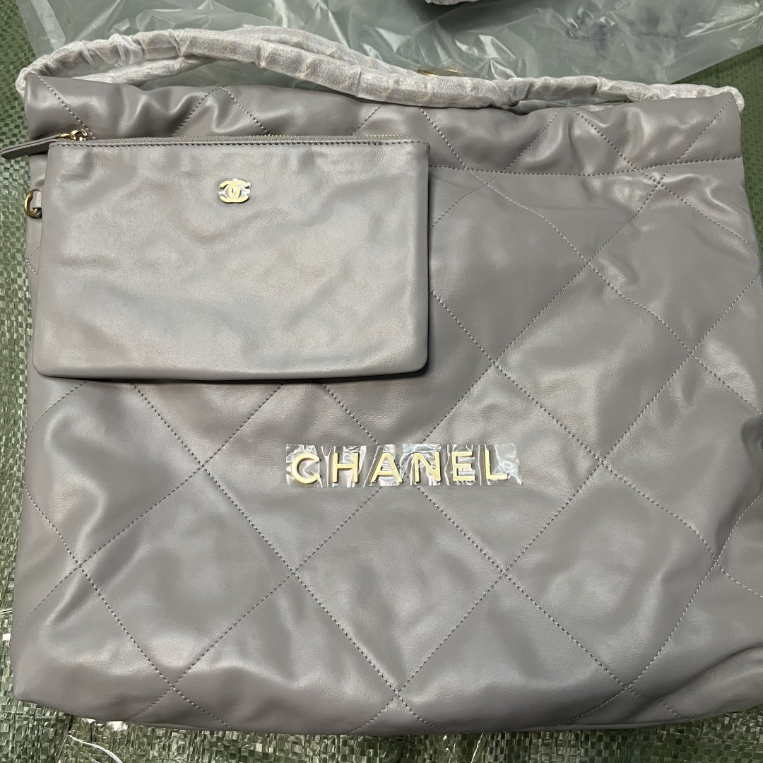 Chanel 22 Bag Light Grey Calfskin Leather Large Capacity Shoulder Handbag with Gold Hardware | Women’s Luxury Tote Bag