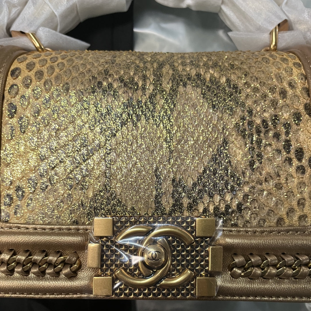 Chanel Metallic Gold Python & Bronze Lambskin Boy Small Flap Bag | 9.8" Exotic Python Crossbody Bag with 18K Gold Hardware | Celebrity-Inspired Luxury