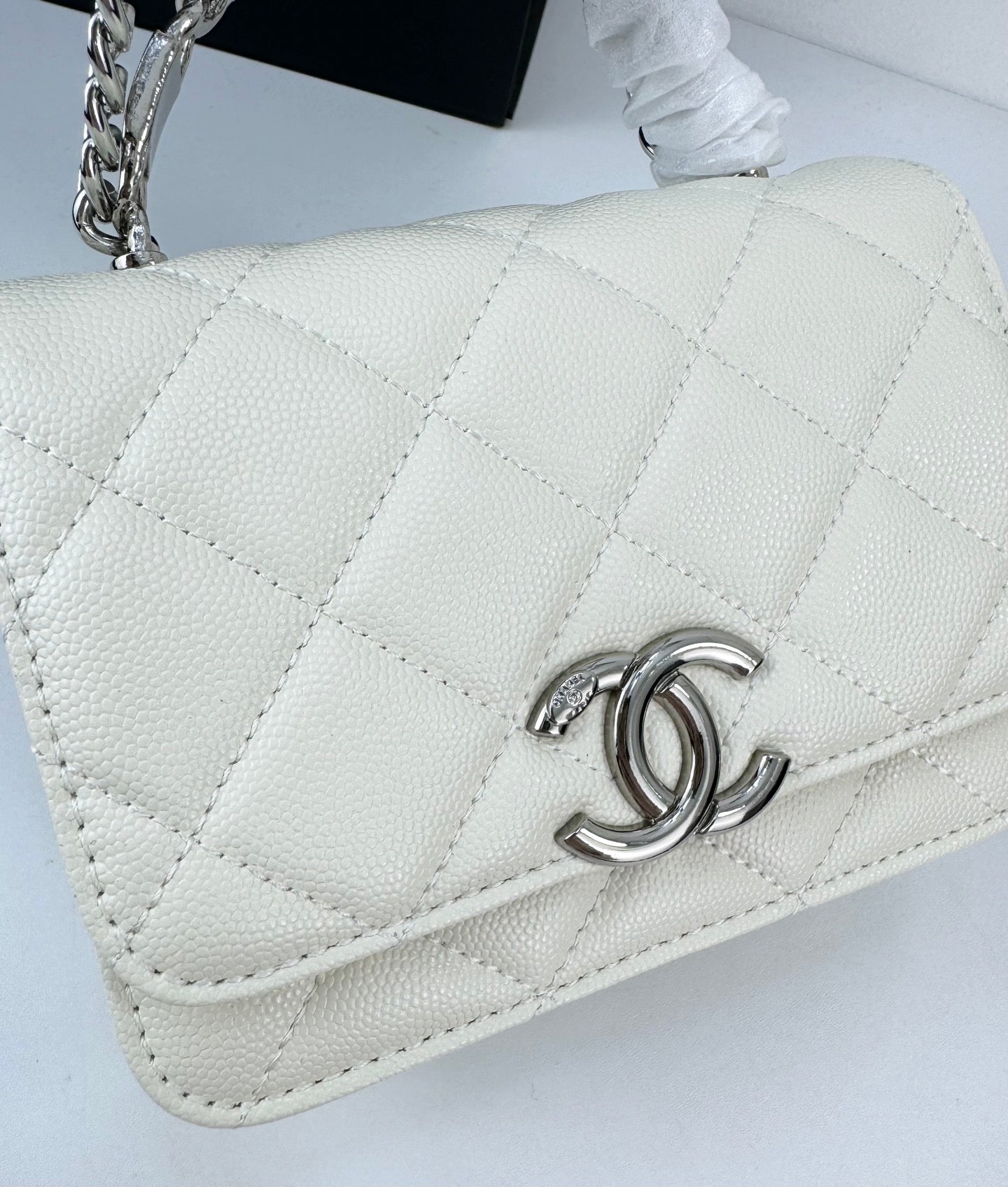 Chanel 22S White Enamel Handle Bag | Mini Sweet & Chic Crossbody | Detachable Woven Strap & Silver Logo