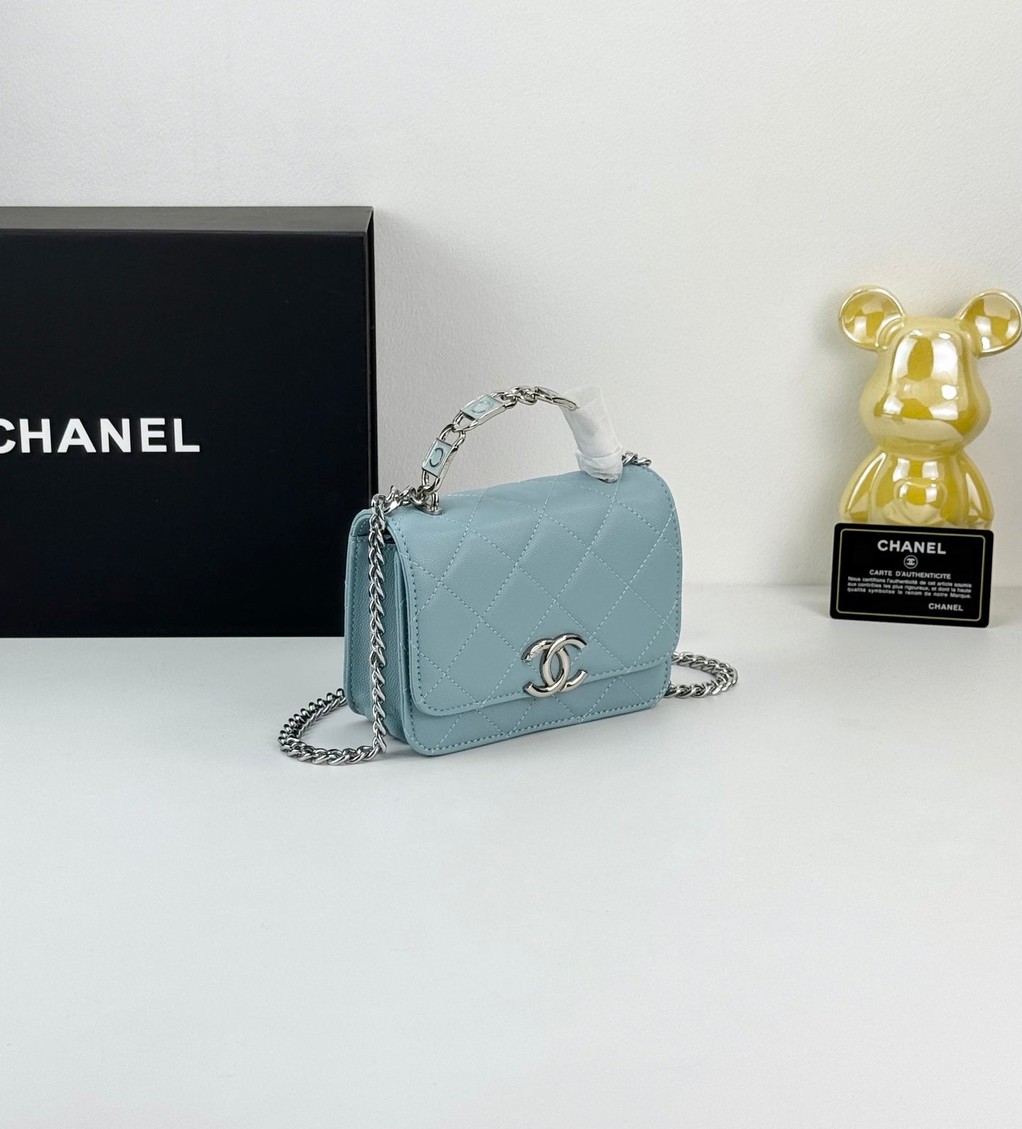 Chanel 22S White Enamel Handle Bag | Mini Sweet & Chic Crossbody | Detachable Woven Strap & Silver Logo