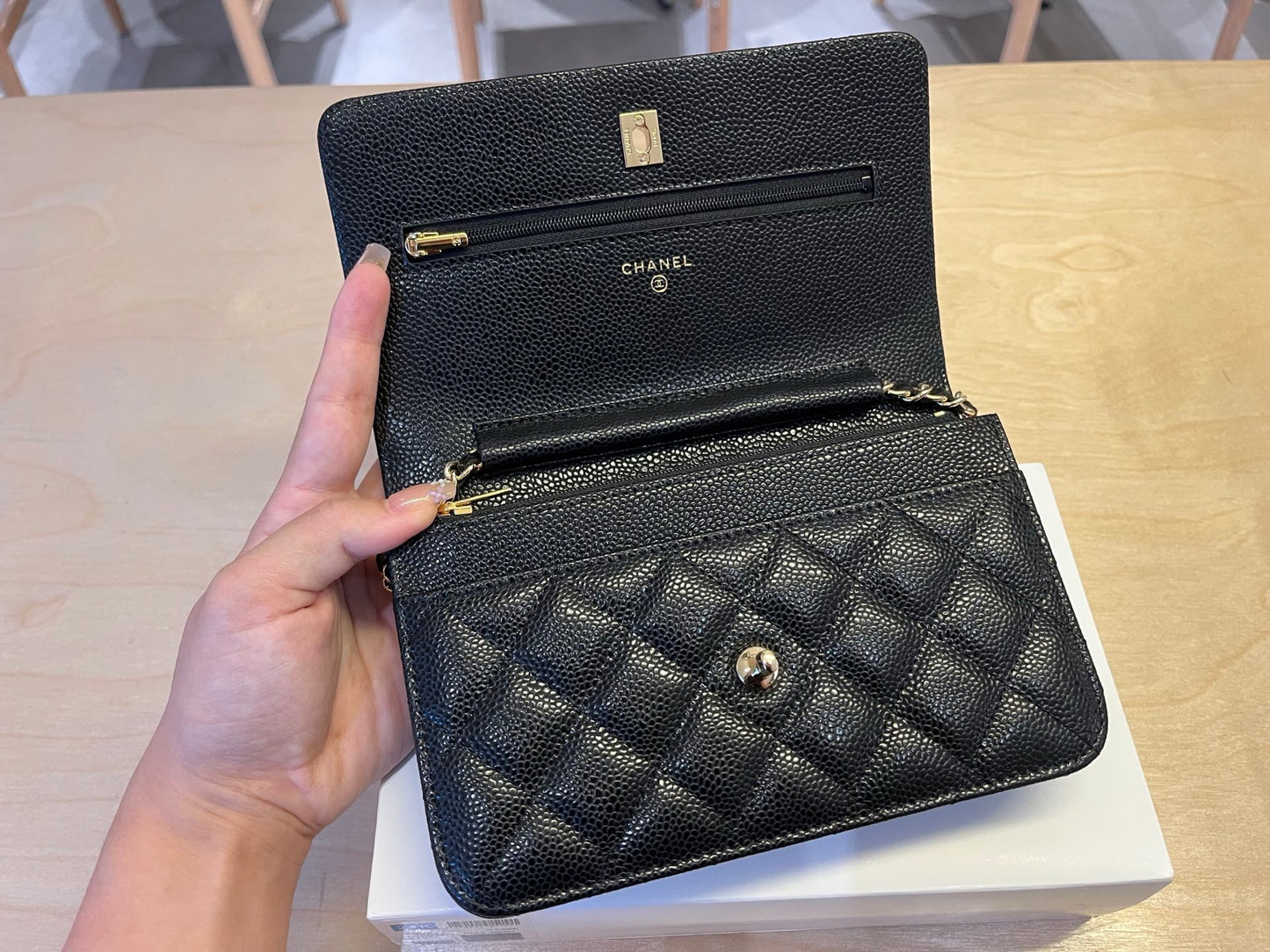 CHANEL 25c Wallet on Chain (WOC) | Exclusive Haas Caviar Leather Gold-Tone | Double C-Lock Flap Bag | 12cm Mini "Lucky Purse"