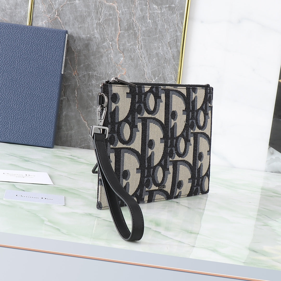 A5 Oblique Print Clutch Bag|Beige & Black Contrast Trim|4 Card Slots & Phone Pocket|Brass Zipper