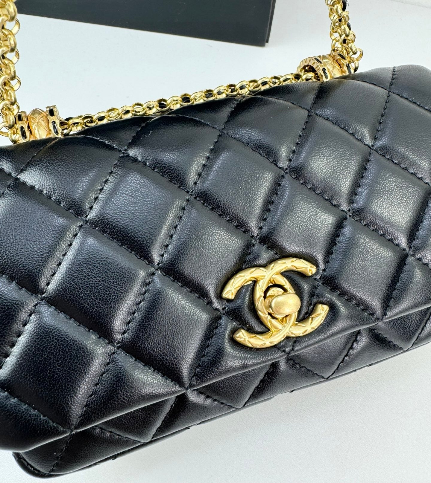 Chanel 24A Black Gold Tassel Chain Flap Bag | Classic Double Gold Pearls Design | 18*11.5cm Luxury Handbag