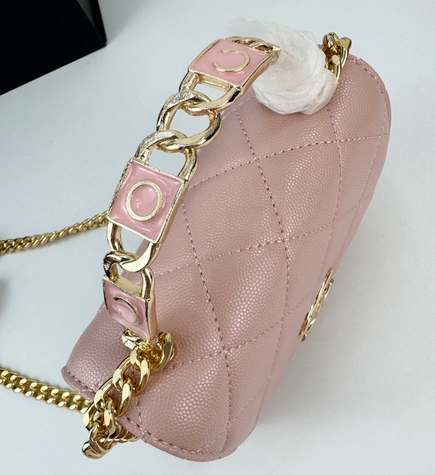 Chanel 22S Blush Pink Enamel Handle Bag | Mini Sweet Crossbody | Gold Logo & Woven Strap