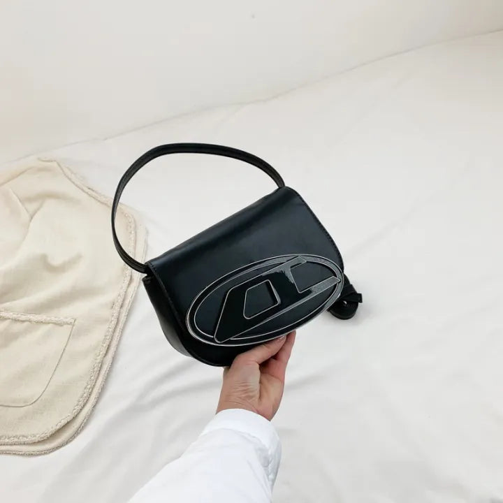 Diesel 1DR Nappa Leather Shoulder Bag Black - Iconic Oval D Logo Metal Plaque Crossbody Bag, Compact 13.5x20.5x7cm for Daily Essentials